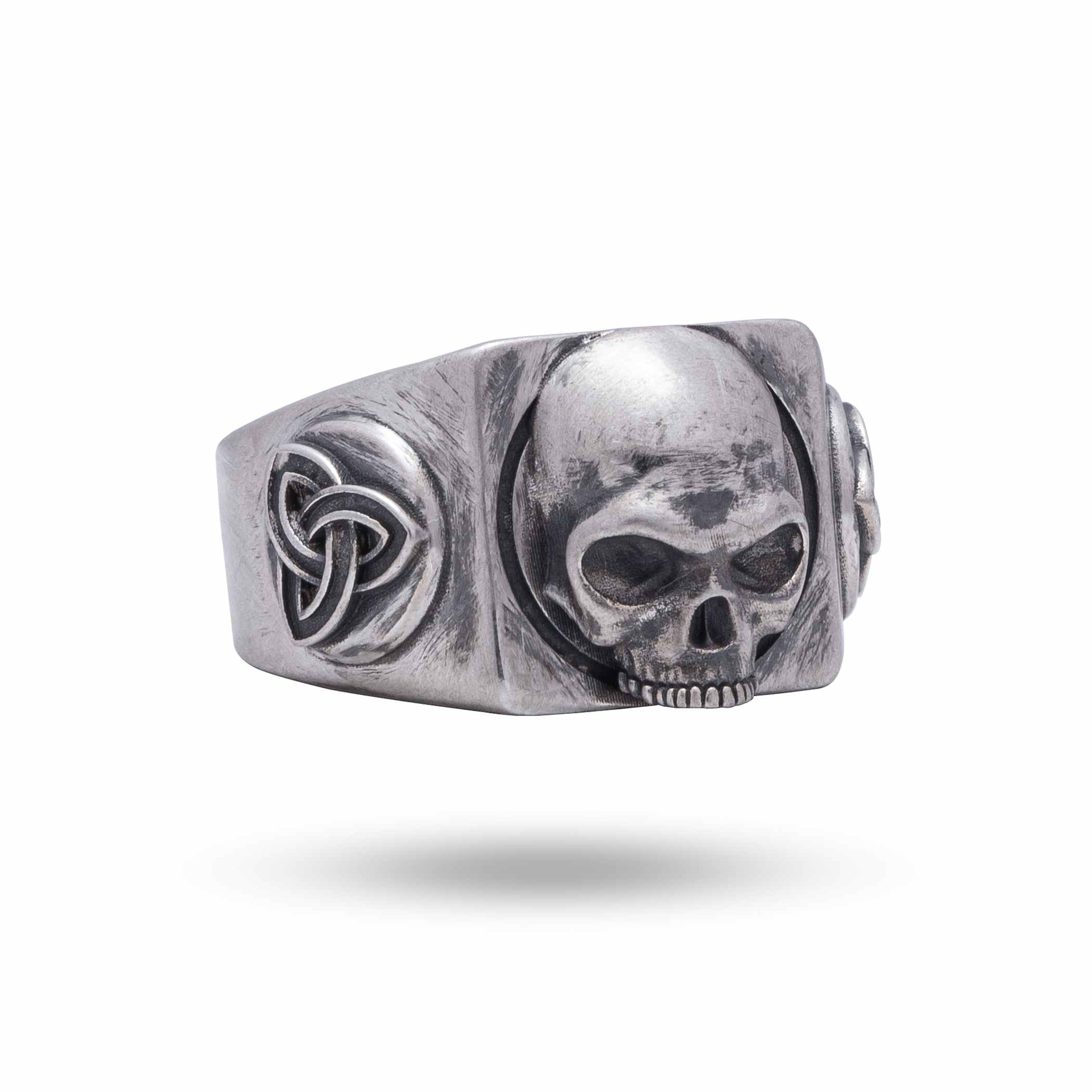 925 Sterling Silver Celtic Knot Gothic Skull ring with oxidized finish, showcasing intricate Celtic designs and half jaw skull from an angle.