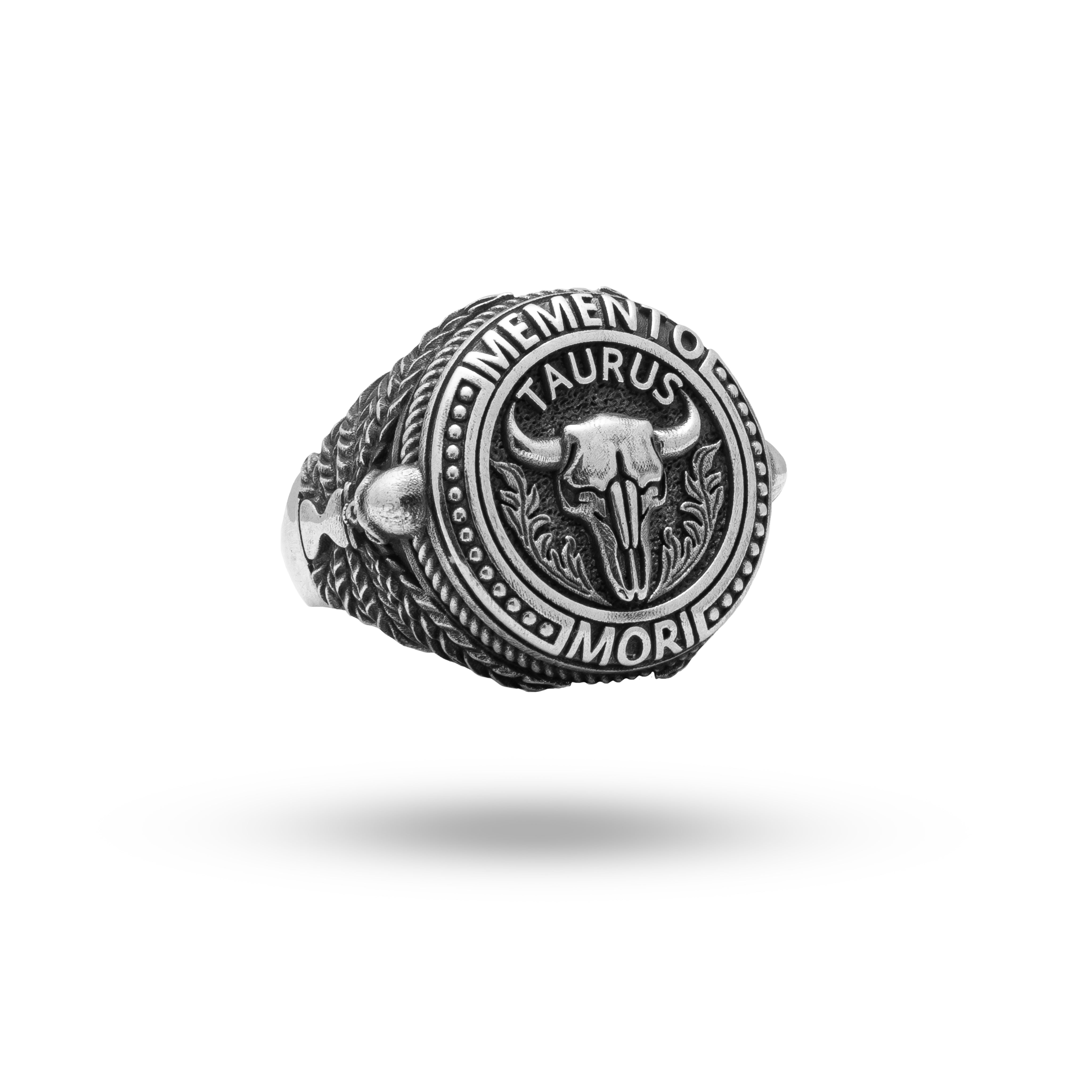 Memento Mori Skull Taurus Bull Ring in Oxidized 925 Sterling Silver showcasing intricate details.