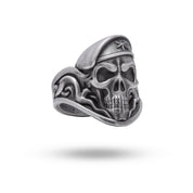 Front view of Soldier Fighter Warrior Gothic Skull 925 Sterling Silver Ring showcasing intricate skull design.