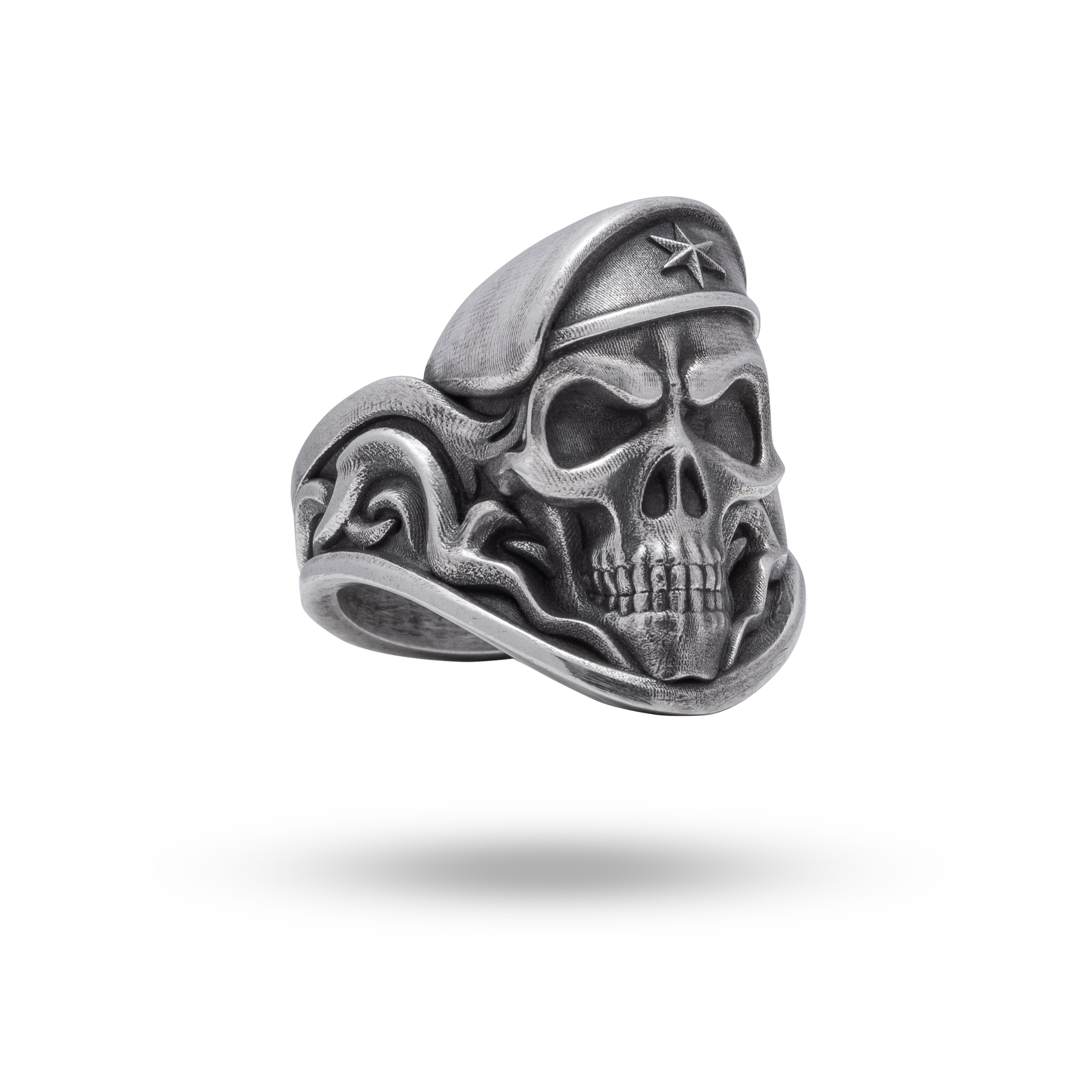 Front view of Soldier Fighter Warrior Gothic Skull 925 Sterling Silver Ring showcasing intricate skull design.