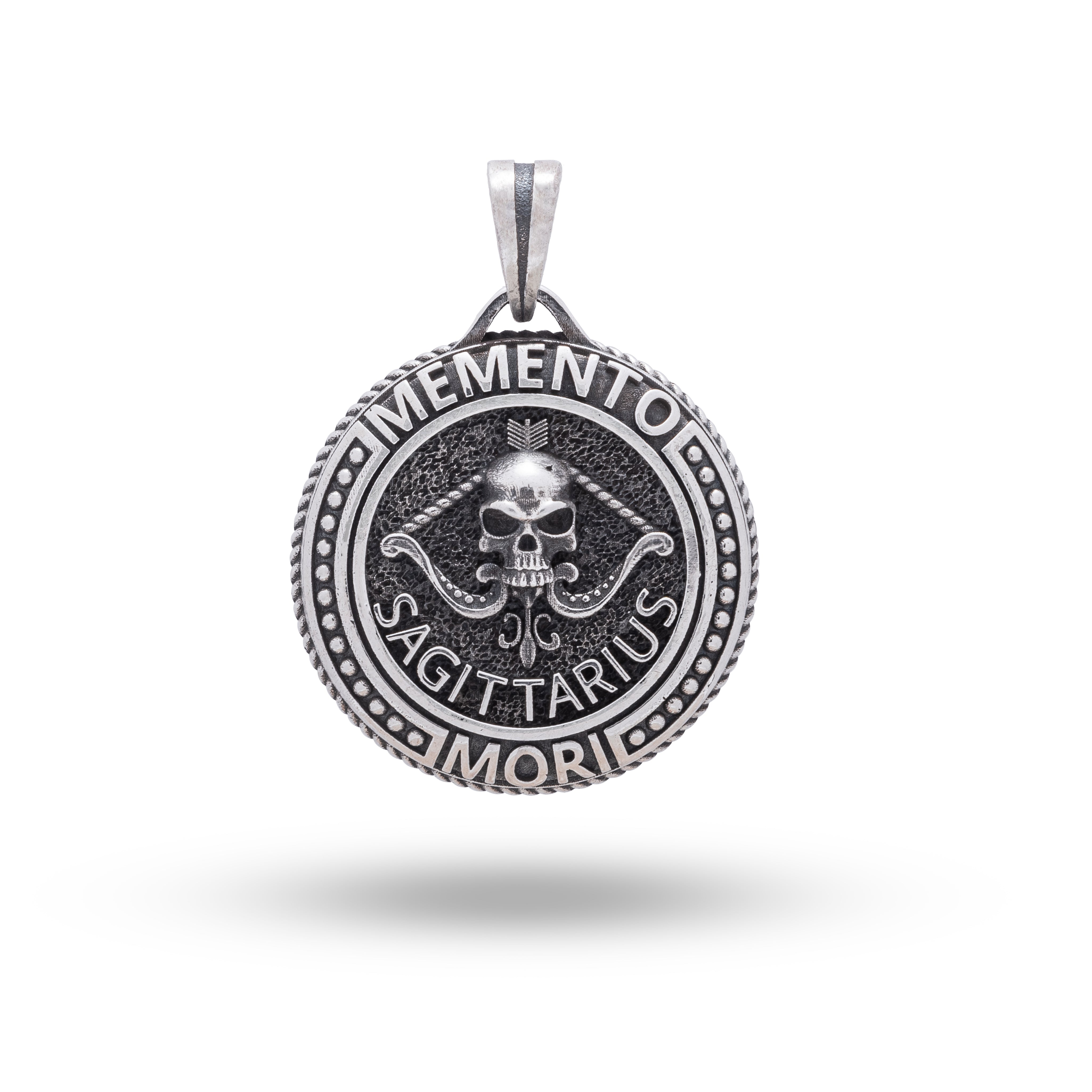 925 Sterling Silver Sagittarius Bow Zodiac Pendant with Memento Mori engraving, elegant oxidized finish design by White Lion Jewels