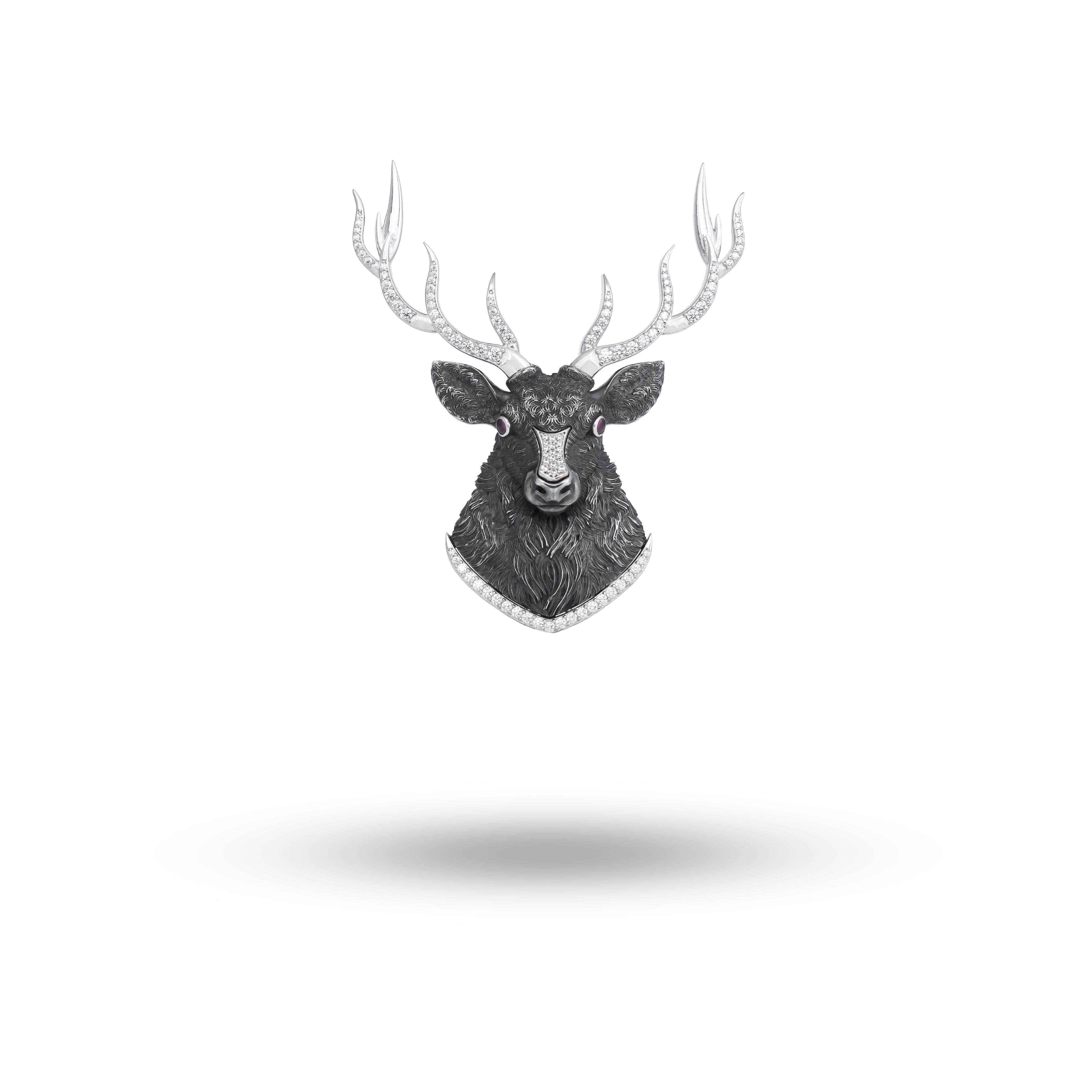 Front view of Elegant Royal Black Deer Brooch made from 925 Sterling Silver with cubic zirconia stone accents.