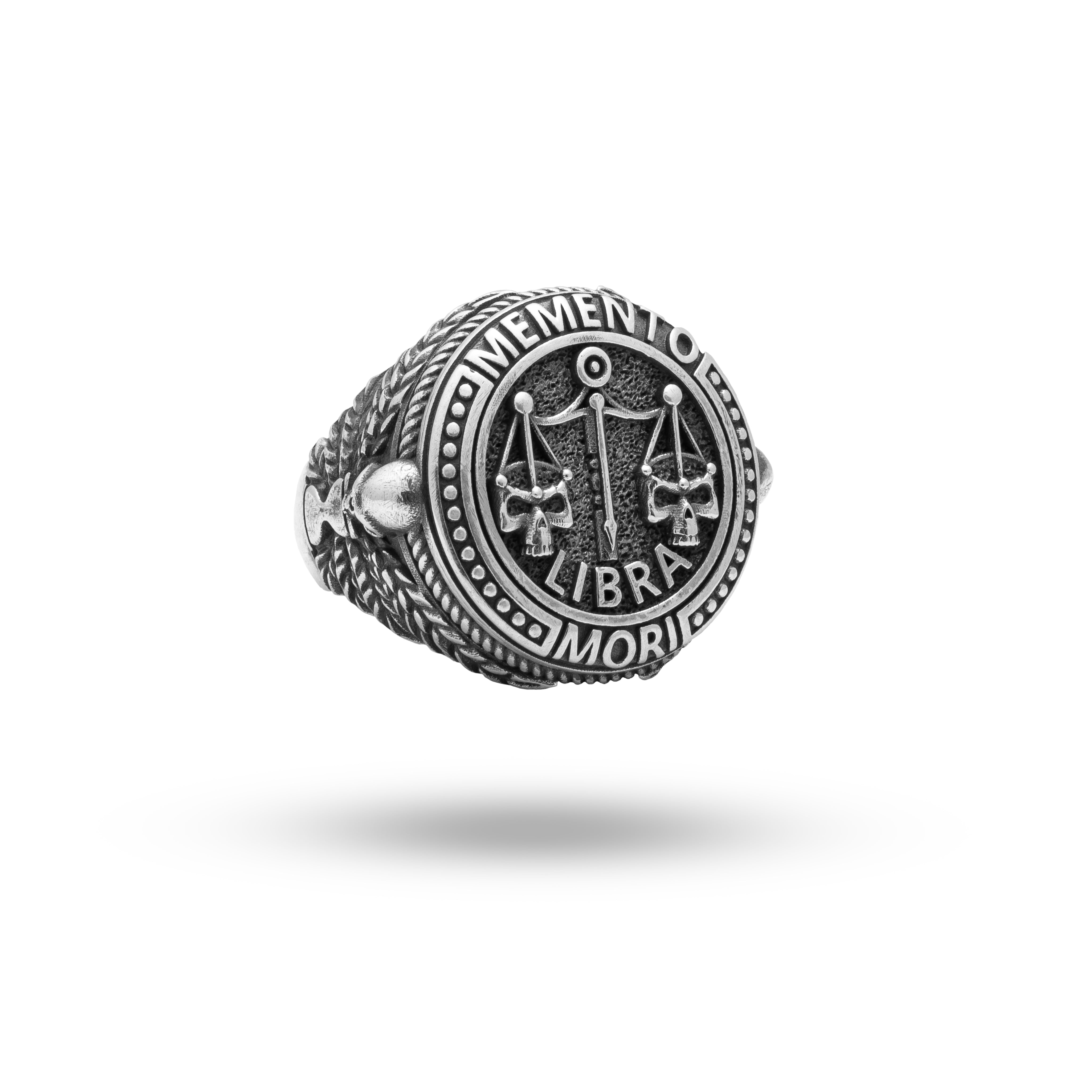 Sterling Silver Memento Mori Skulls Libra Zodiac Ring by White Lion Jewels