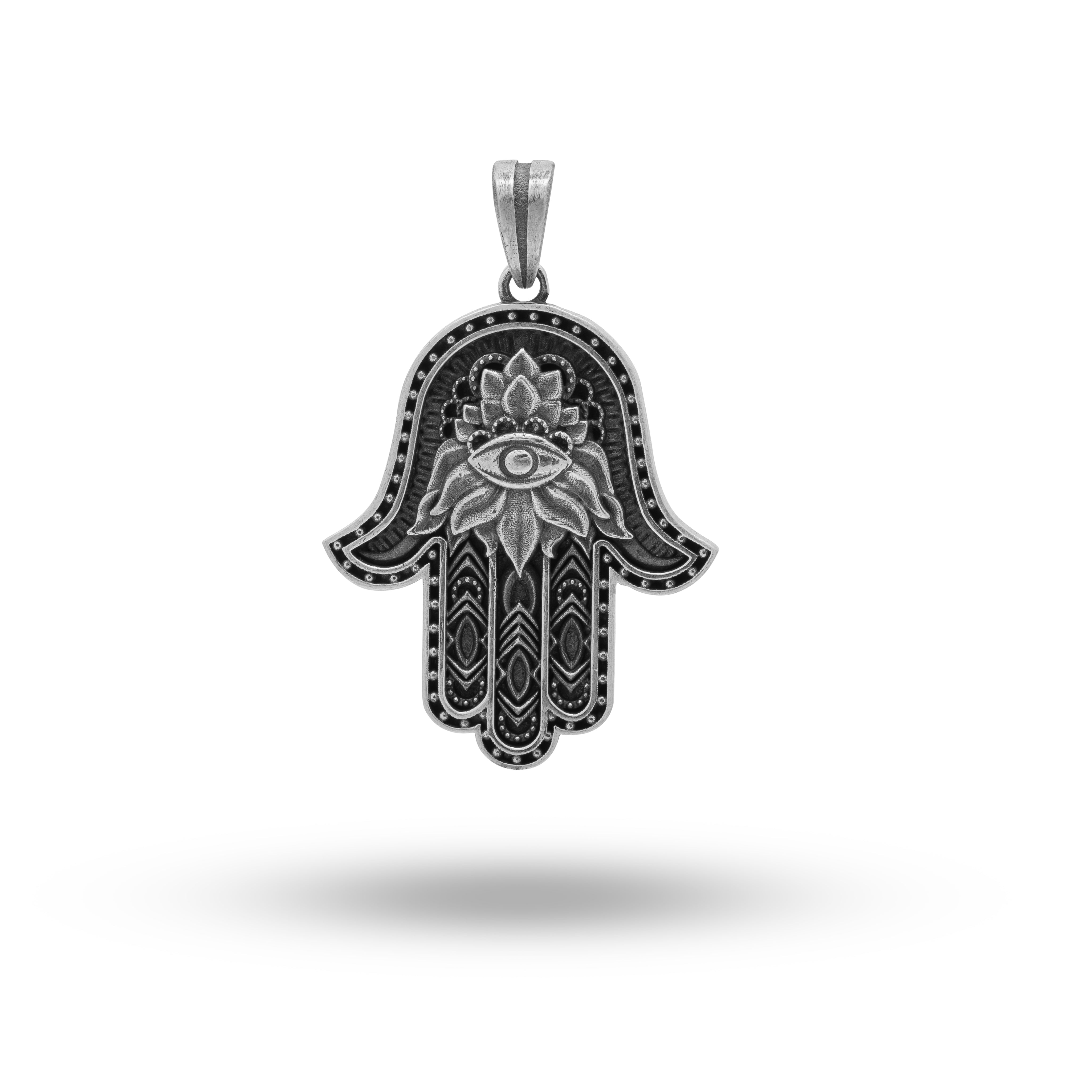 925 Sterling Silver Hamsa Hand Pendant showcasing intricate design and oxidized finish