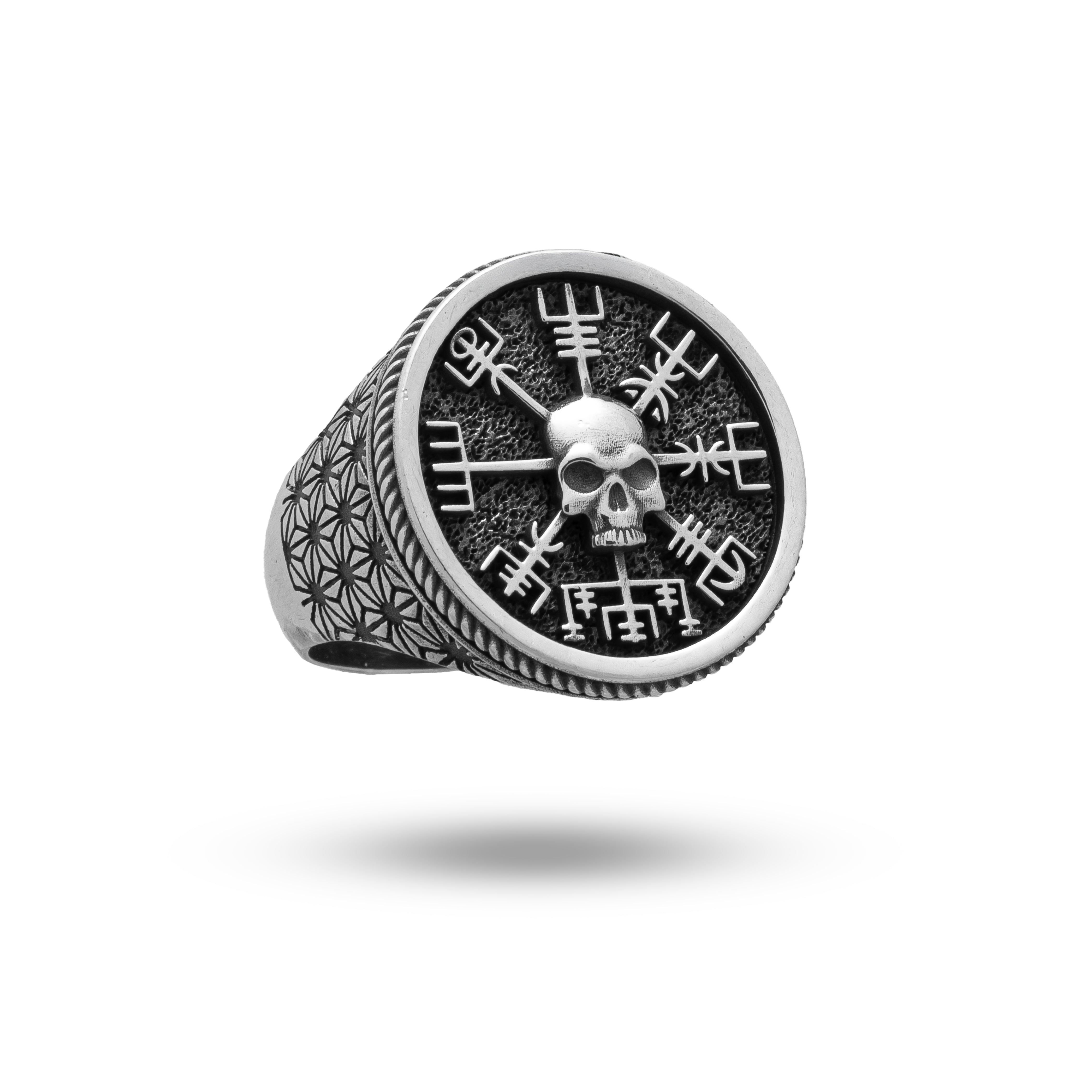925 Silver Ring with Vegvisir Viking Compass and Skull Design, Oxidized Finish.