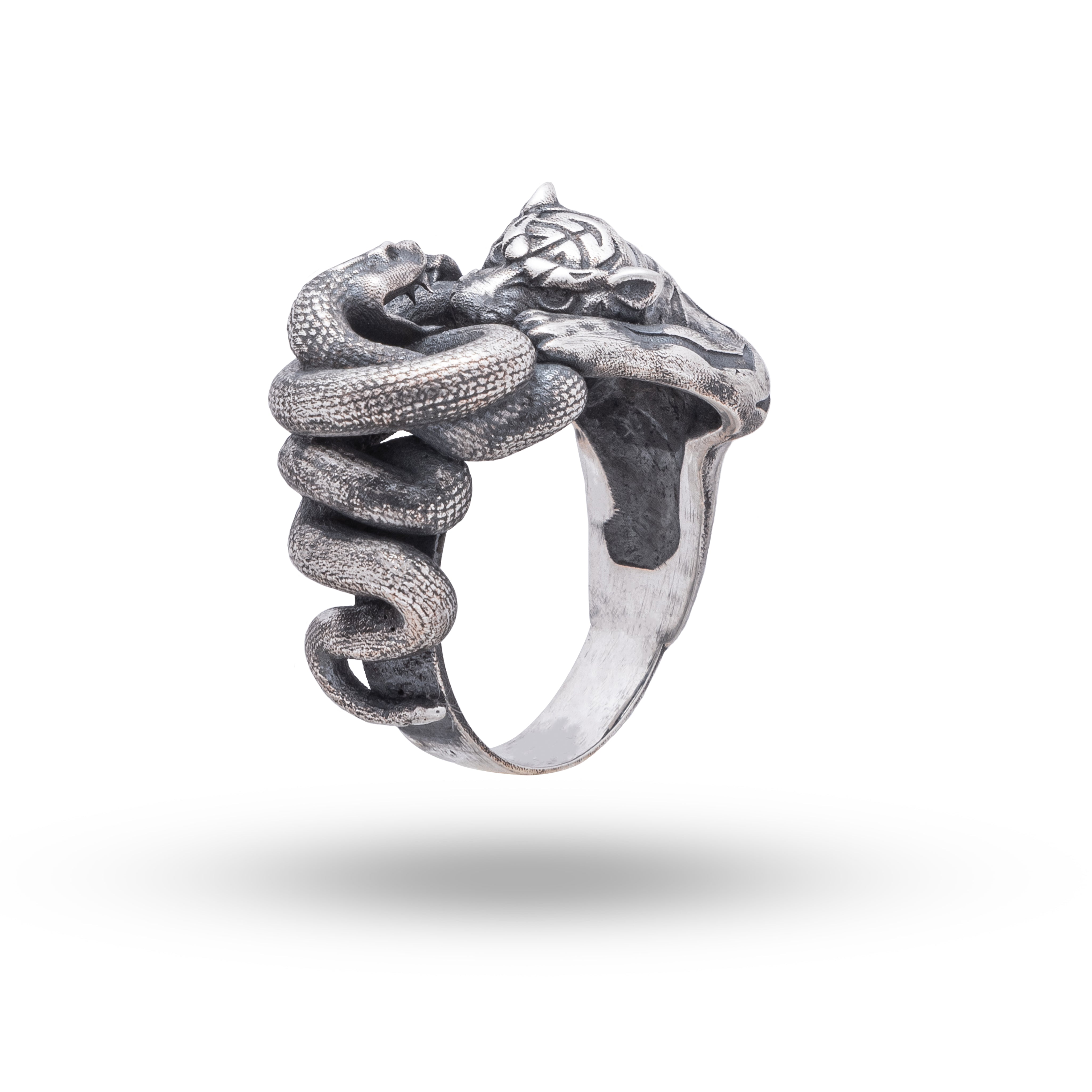 Sterling Silver Ring featuring snake and tiger design, perfect for wildlife enthusiasts