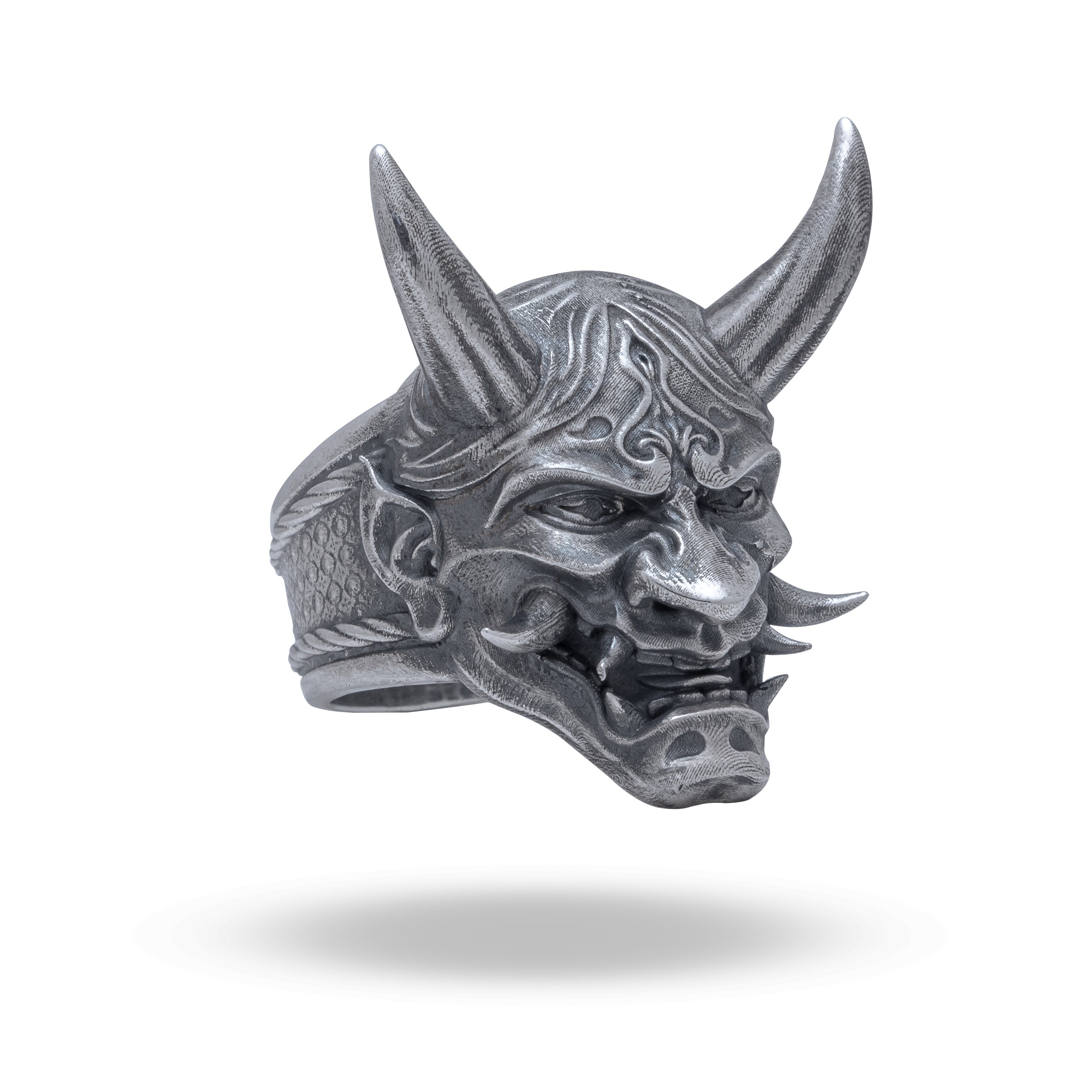 Side view of Japanese Mythology Protection Oni Mask 925 Sterling Silver Ring with oxidized finish and intricate detail.