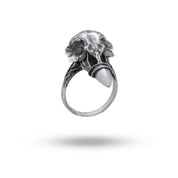 925 sterling silver Bird Gothic Skull ring with elaborate flower design in oxidized finish, suitable as a gothic fashion statement.