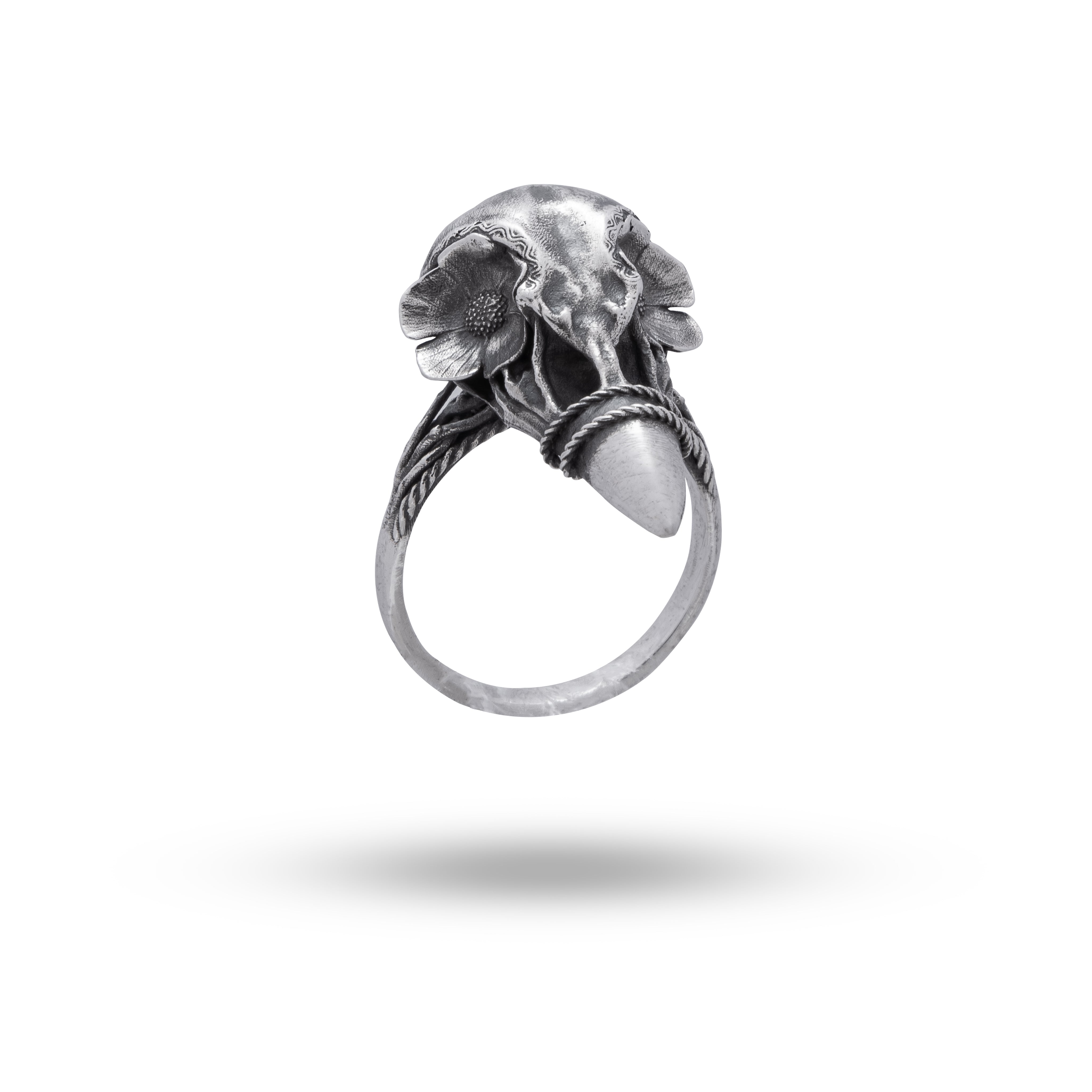 925 sterling silver Bird Gothic Skull ring with elaborate flower design in oxidized finish, suitable as a gothic fashion statement.