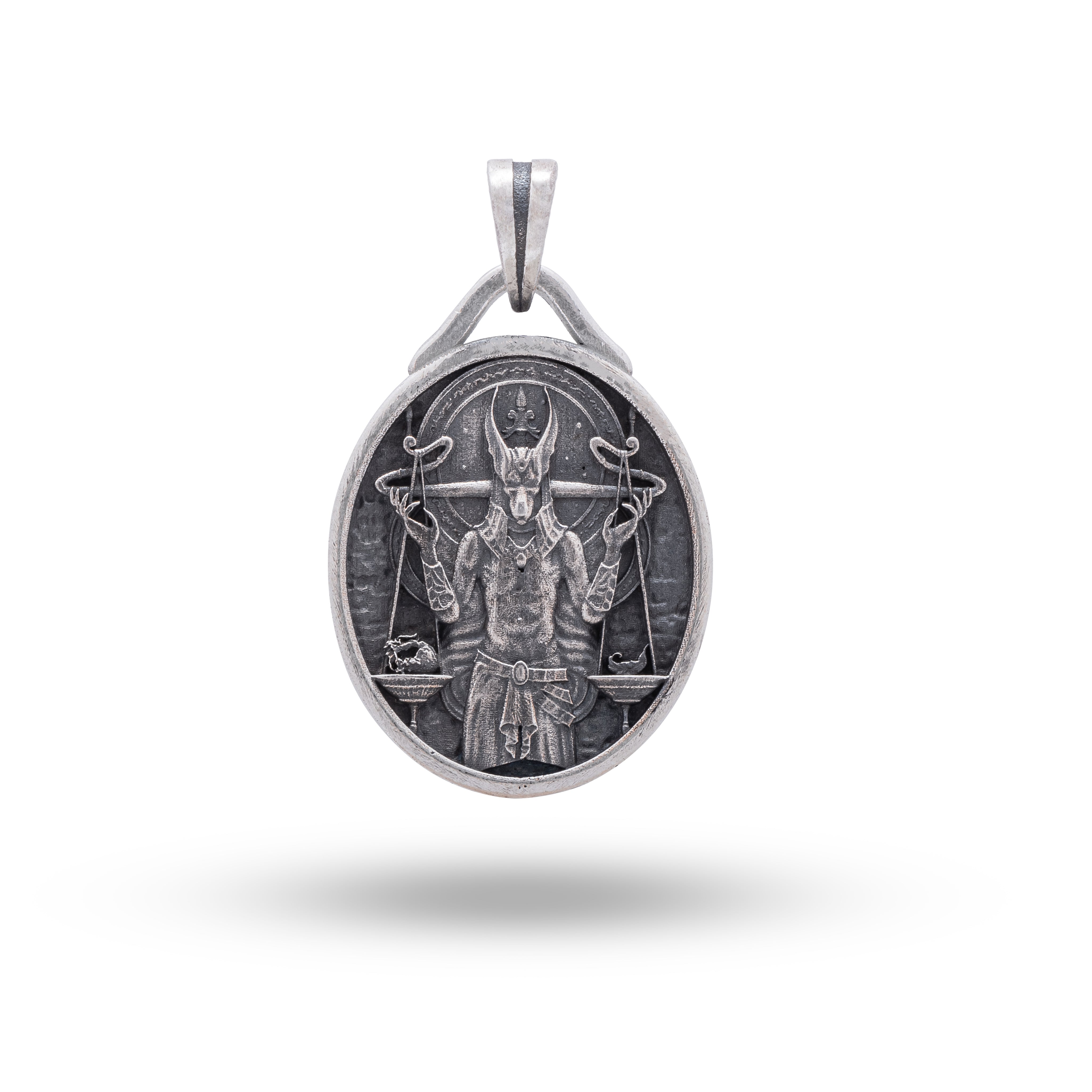 Front view of Anubis Oval Pendant 925 Sterling Silver showing detailed oxidized silver finish.