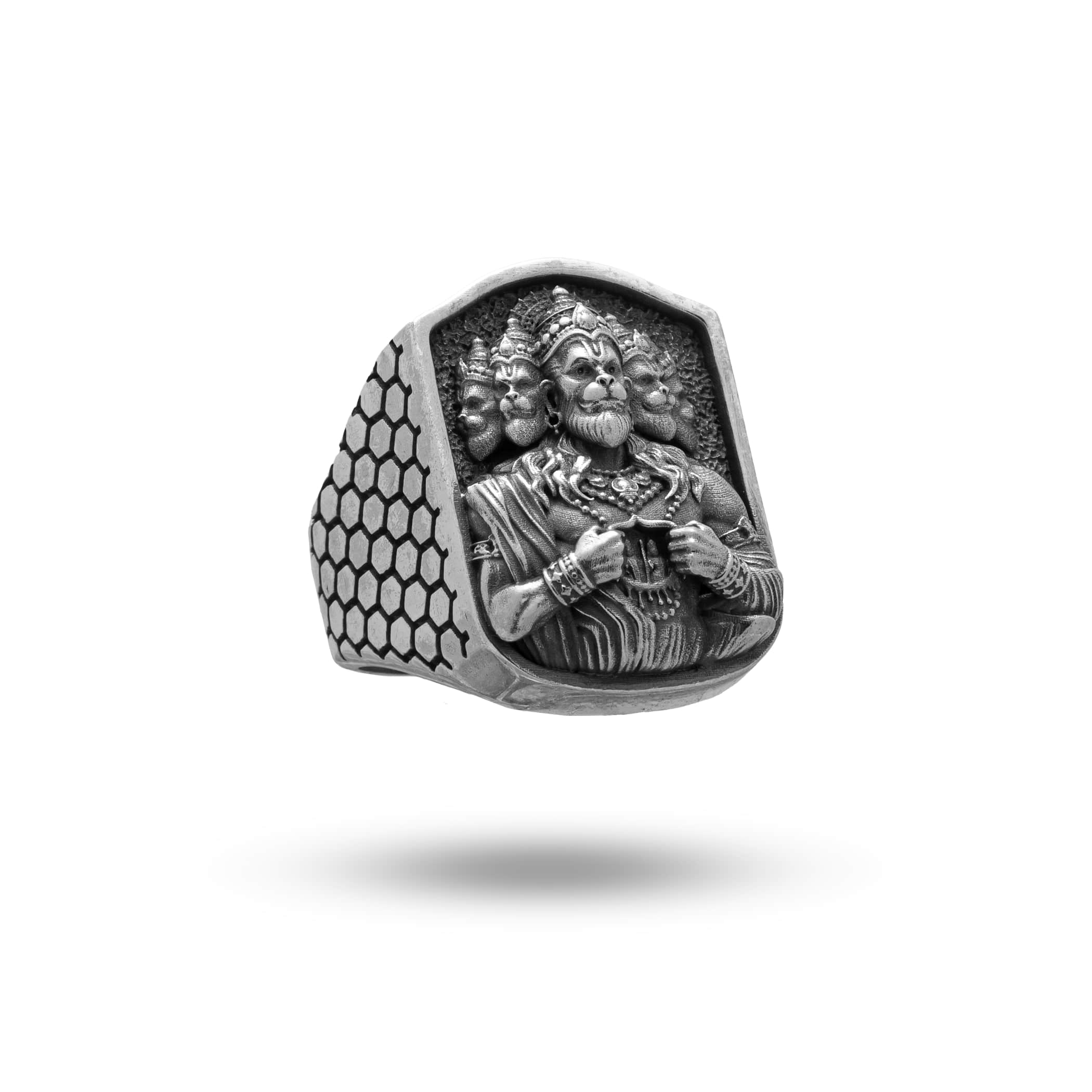 Panchmukhi Hanuman God Evil Protector ring made of 925 oxidized silver, a spiritual Hinduism symbol.