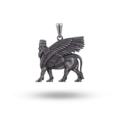 Assyrian Lamassu Zoroastrian Winged Bull designed in 925 Sterling Silver, front view showcasing intricate details.