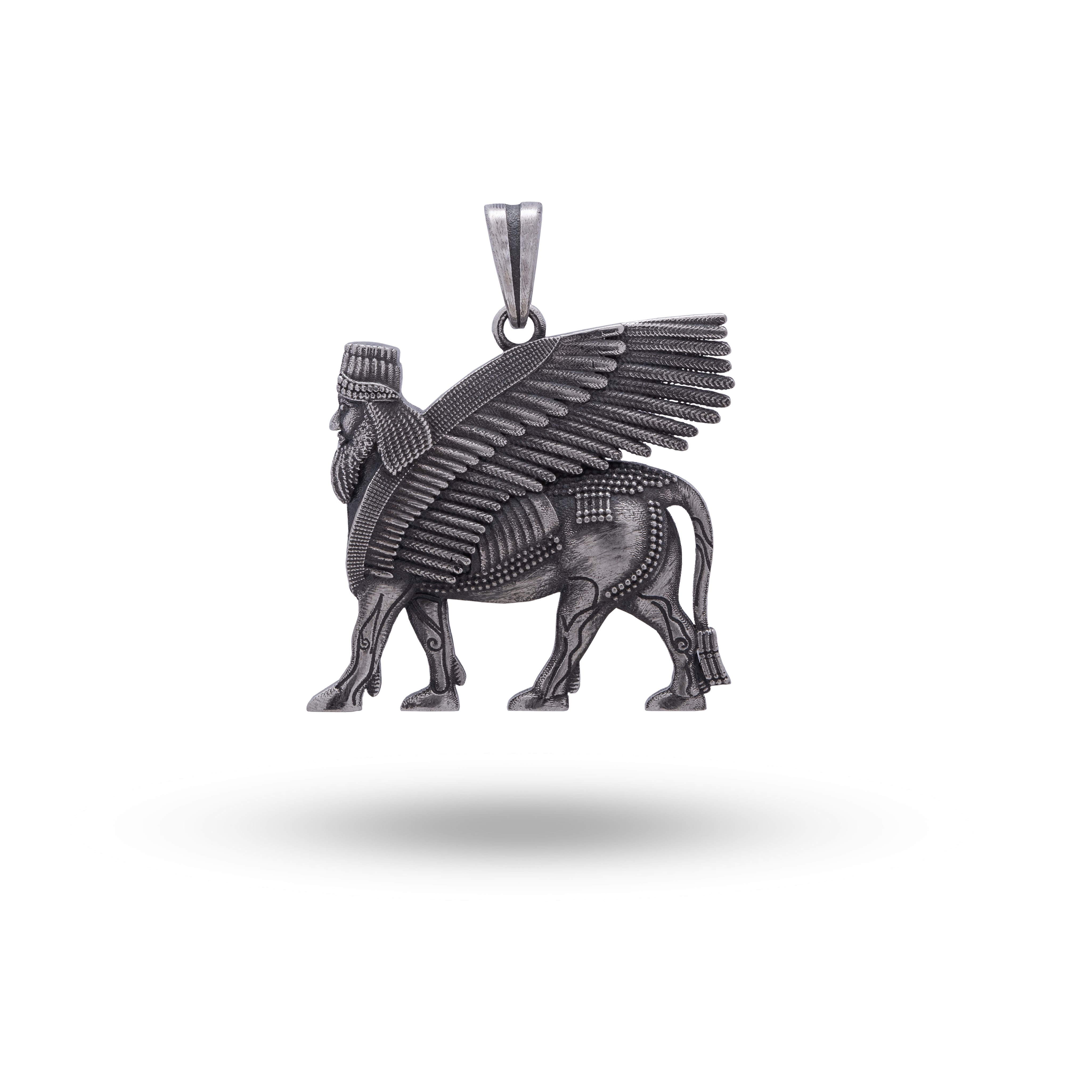 Assyrian Lamassu Zoroastrian Winged Bull designed in 925 Sterling Silver, front view showcasing intricate details.