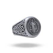 925 Sterling Silver Saint Benedict Ring in oxidized finish, main view showing intricate oval design by White Lion Jewels.