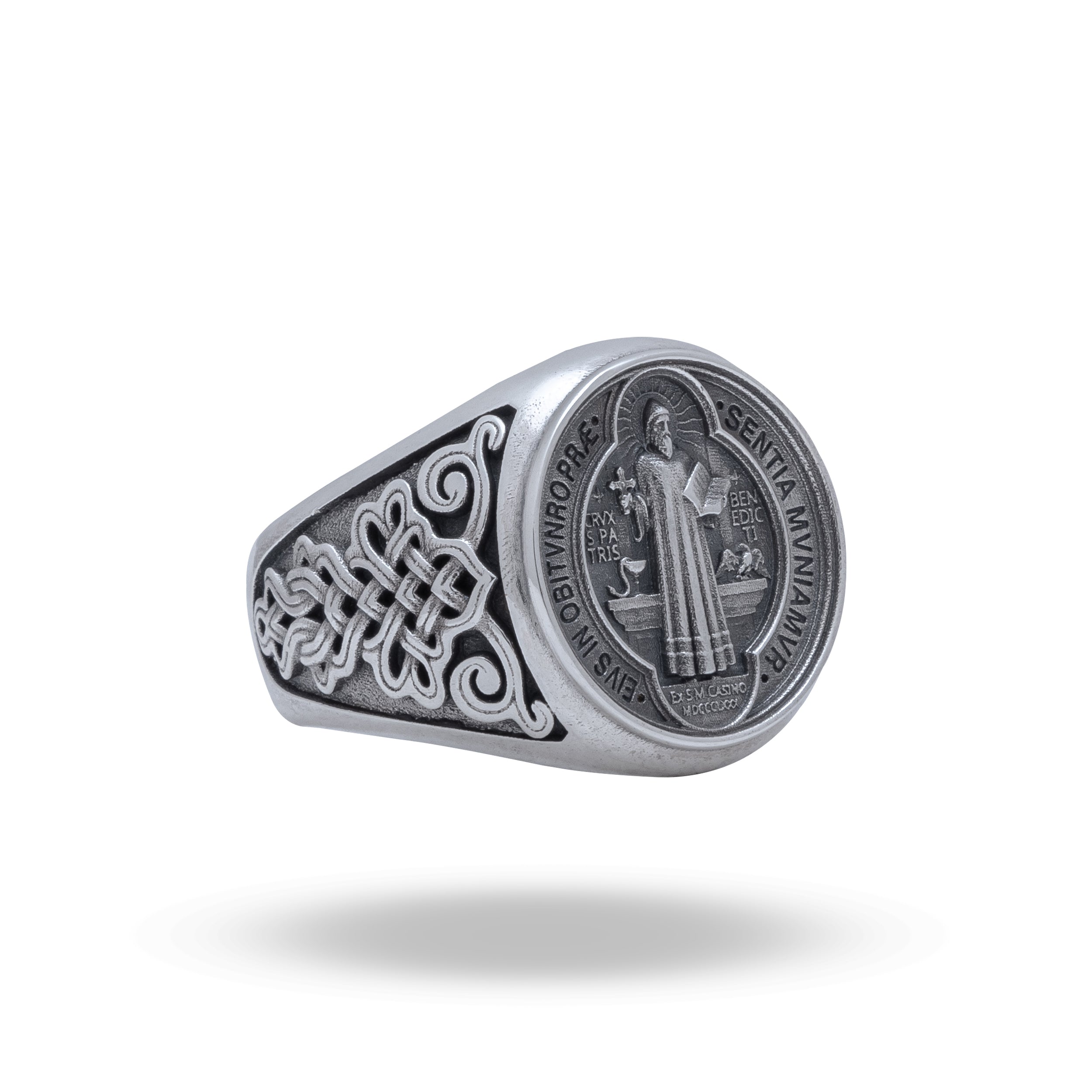 925 Sterling Silver Saint Benedict Ring in oxidized finish, main view showing intricate oval design by White Lion Jewels.