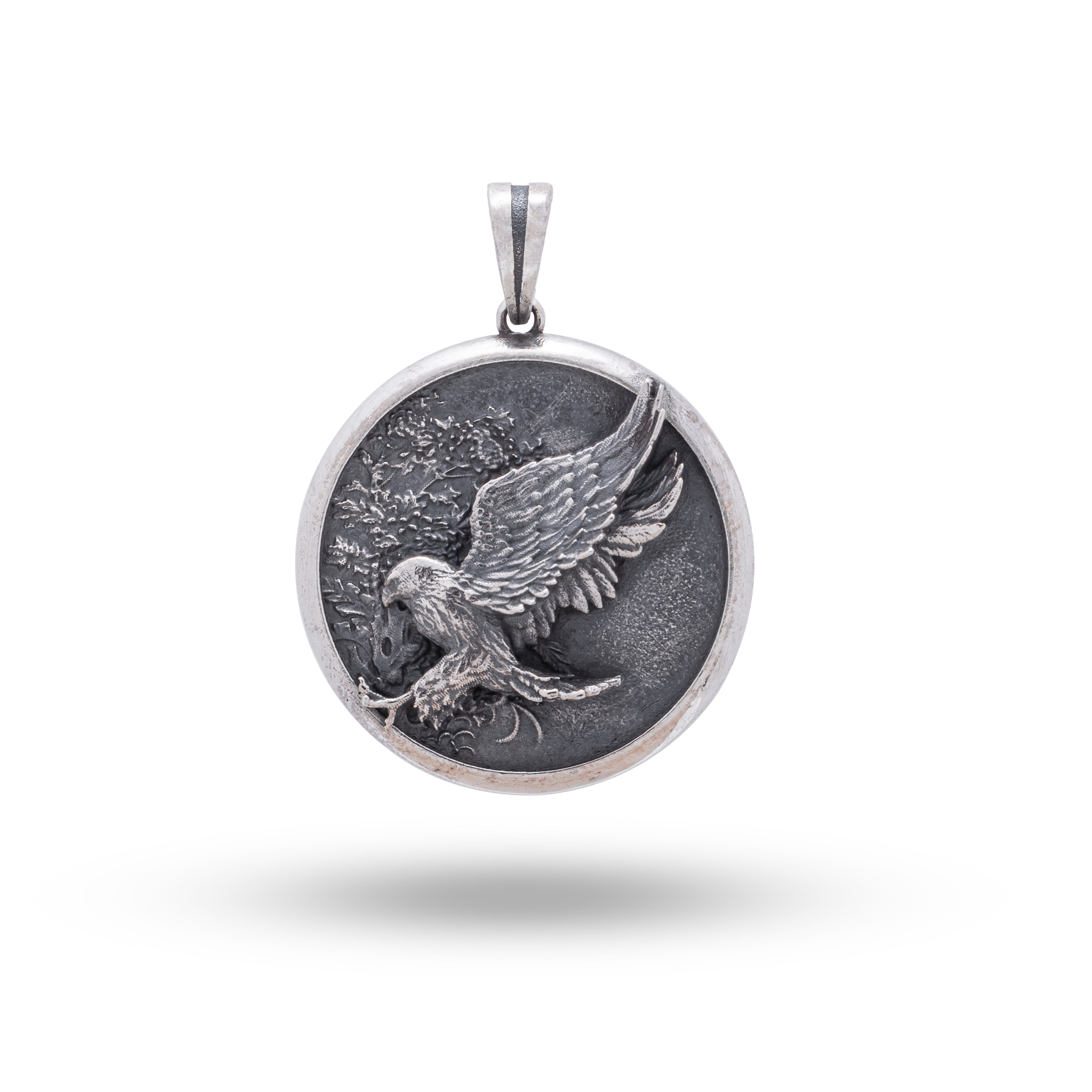 Front view of the Flying Eagle King Bird Pendant in 925 Sterling Oxidized Silver, showcasing its intricately crafted eagle design.