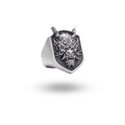 Sterling Silver Ring featuring an Oni Mask and Dragon design, front view
