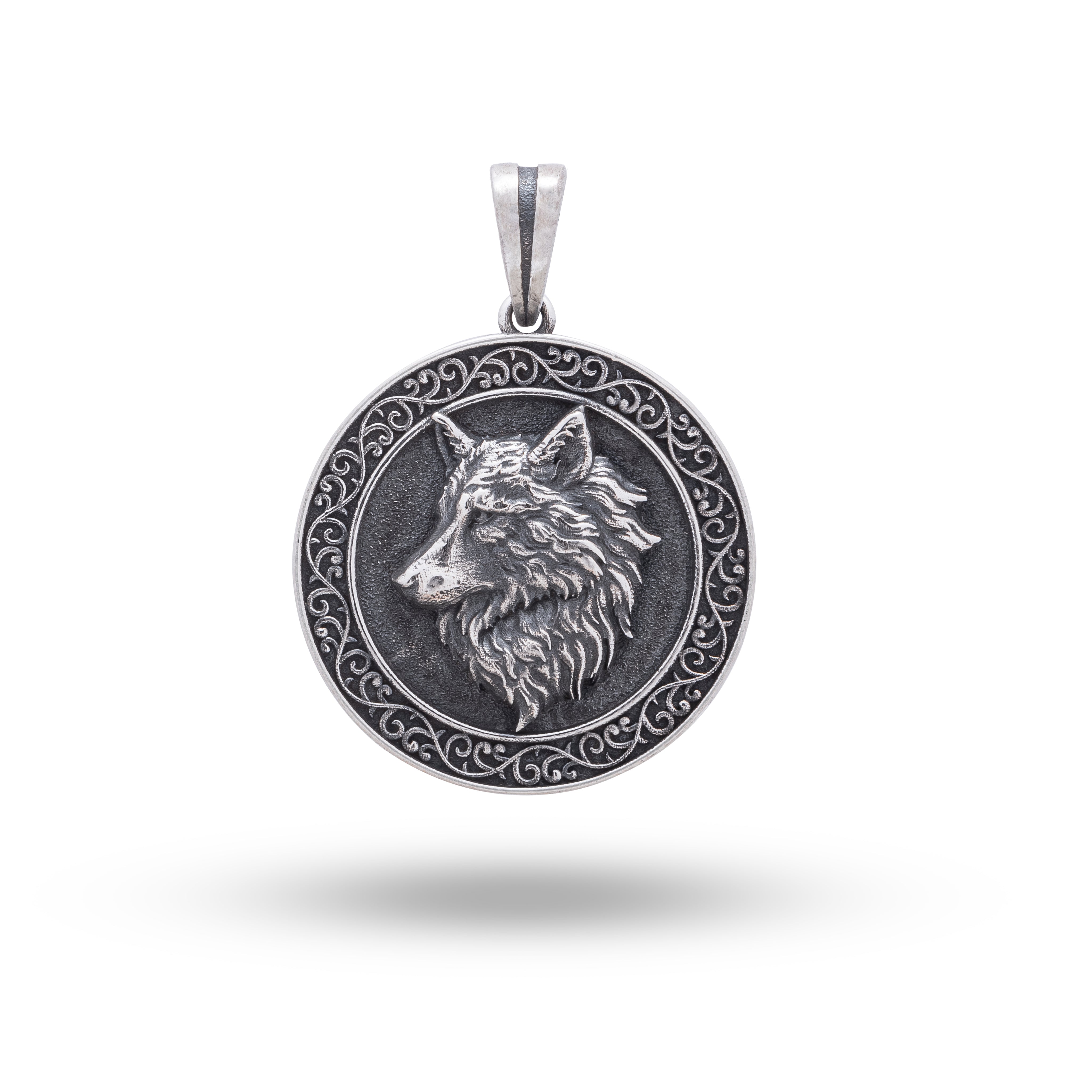 Dog Wolf Animal 925 Sterling Silver Pendant with oxidized finish on a dark background
