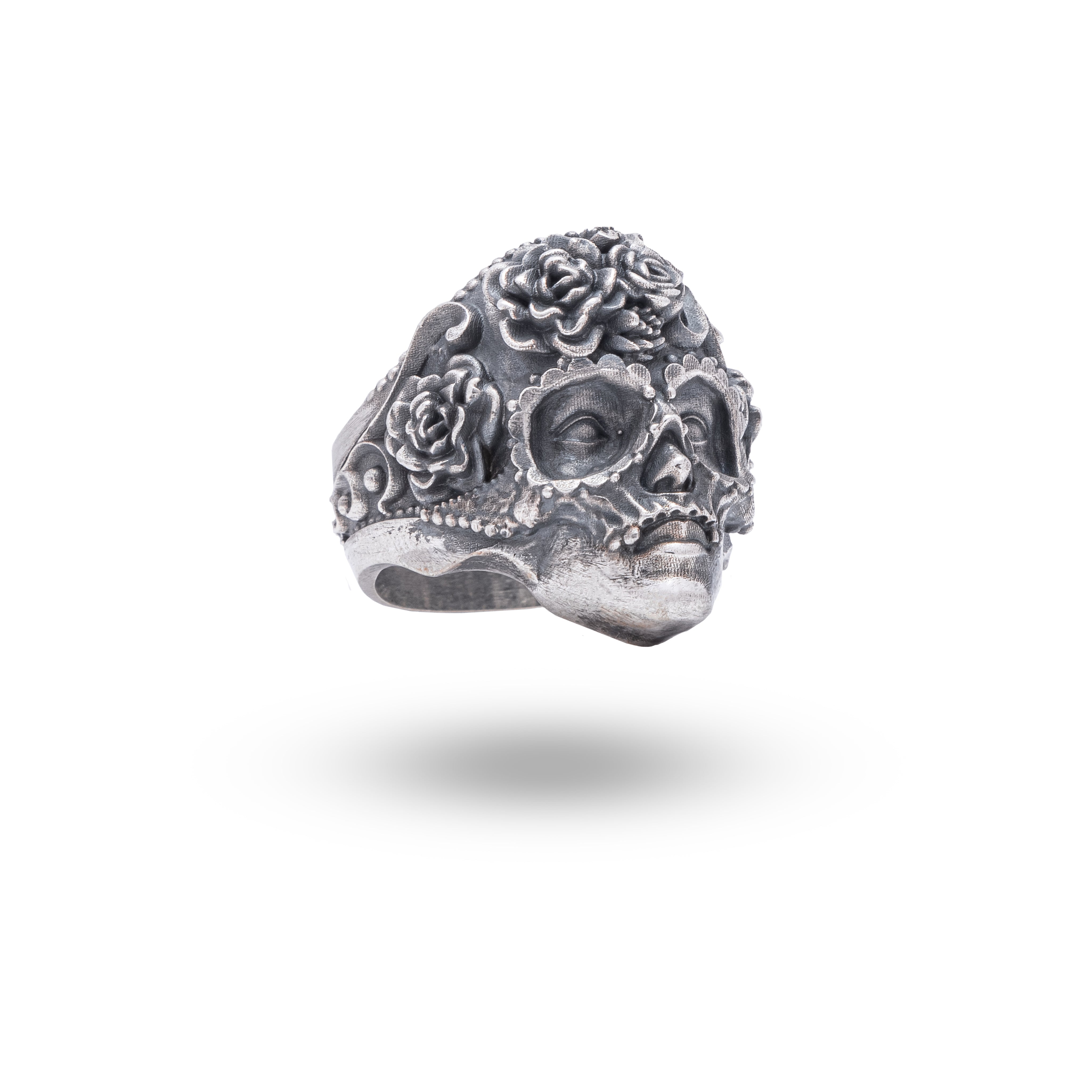 Front view of Masquerade Mask Skull 925 Sterling Silver Ring by White Lion Jewels with oxidized finish