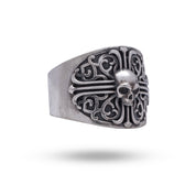 Front view of a Cross Pattern Gothic Skull 925 Sterling Silver Ring showcasing its intricate design.