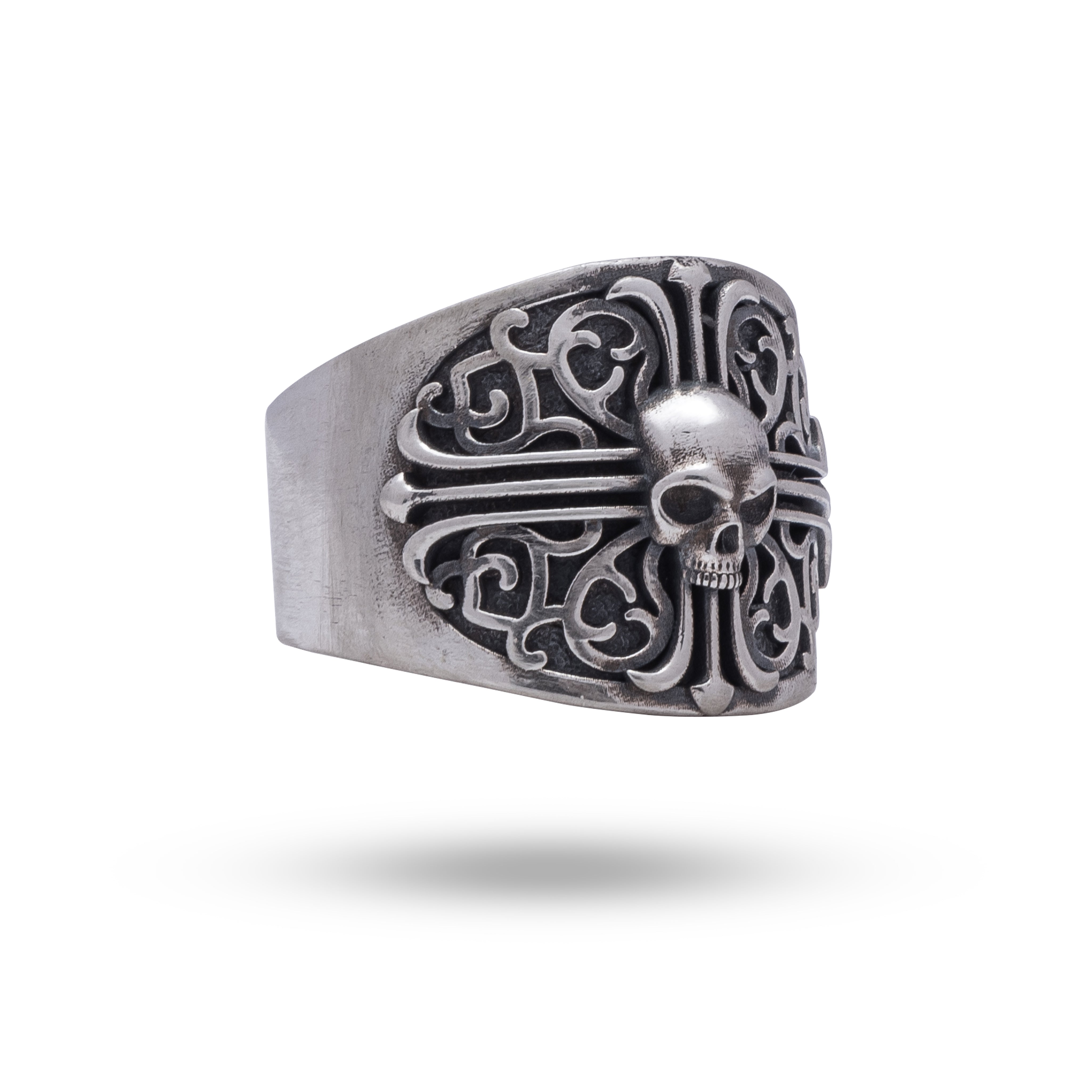Front view of a Cross Pattern Gothic Skull 925 Sterling Silver Ring showcasing its intricate design.