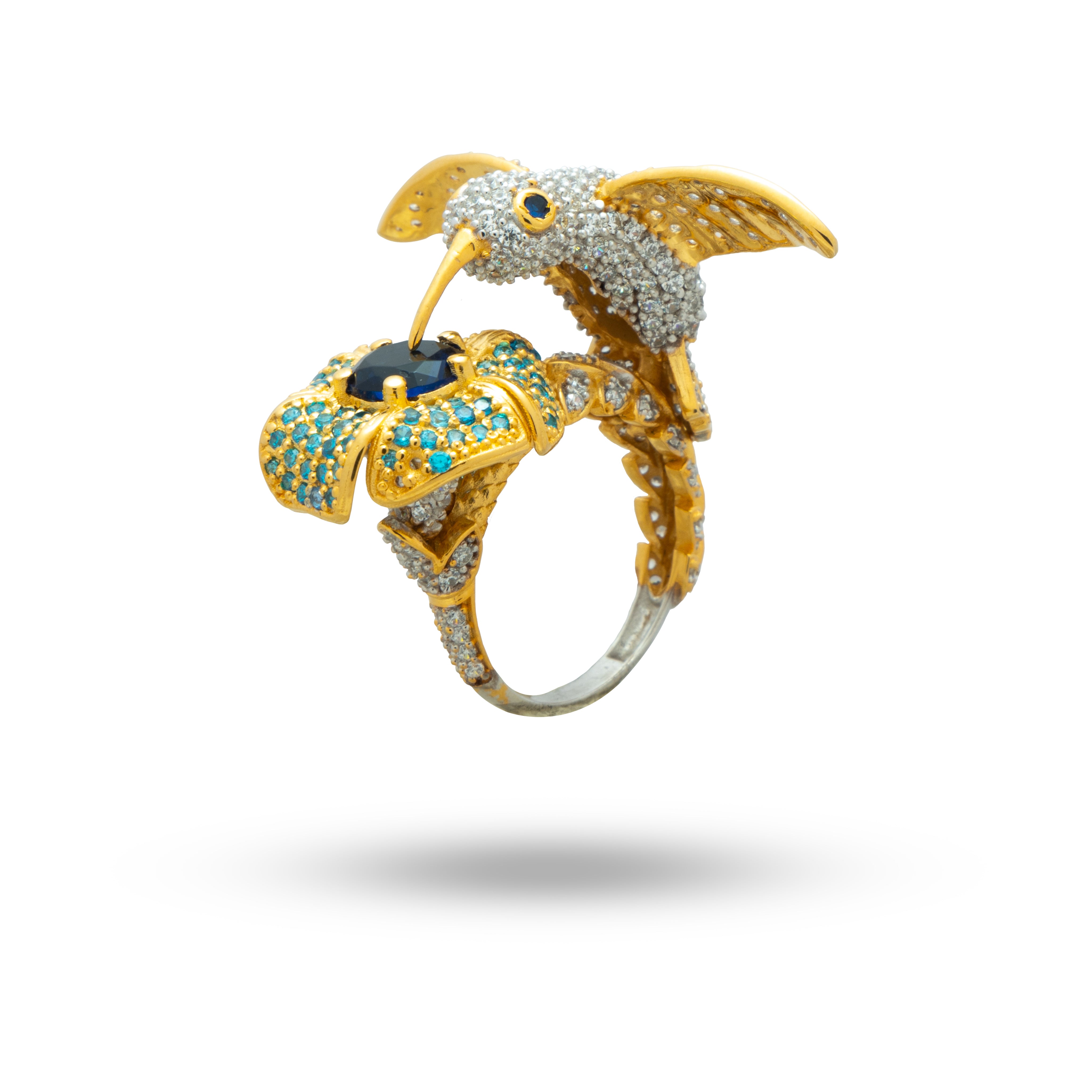 Elegant Humming Bird 925 Sterling Silver Gold Plated Ring, side view showing intricate design.