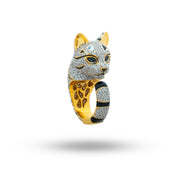 Front view of Cat Cubic Zirconia Iced Out 925 Sterling Silver Gold Plated Ring showing intricate design with cubic zirconia.
