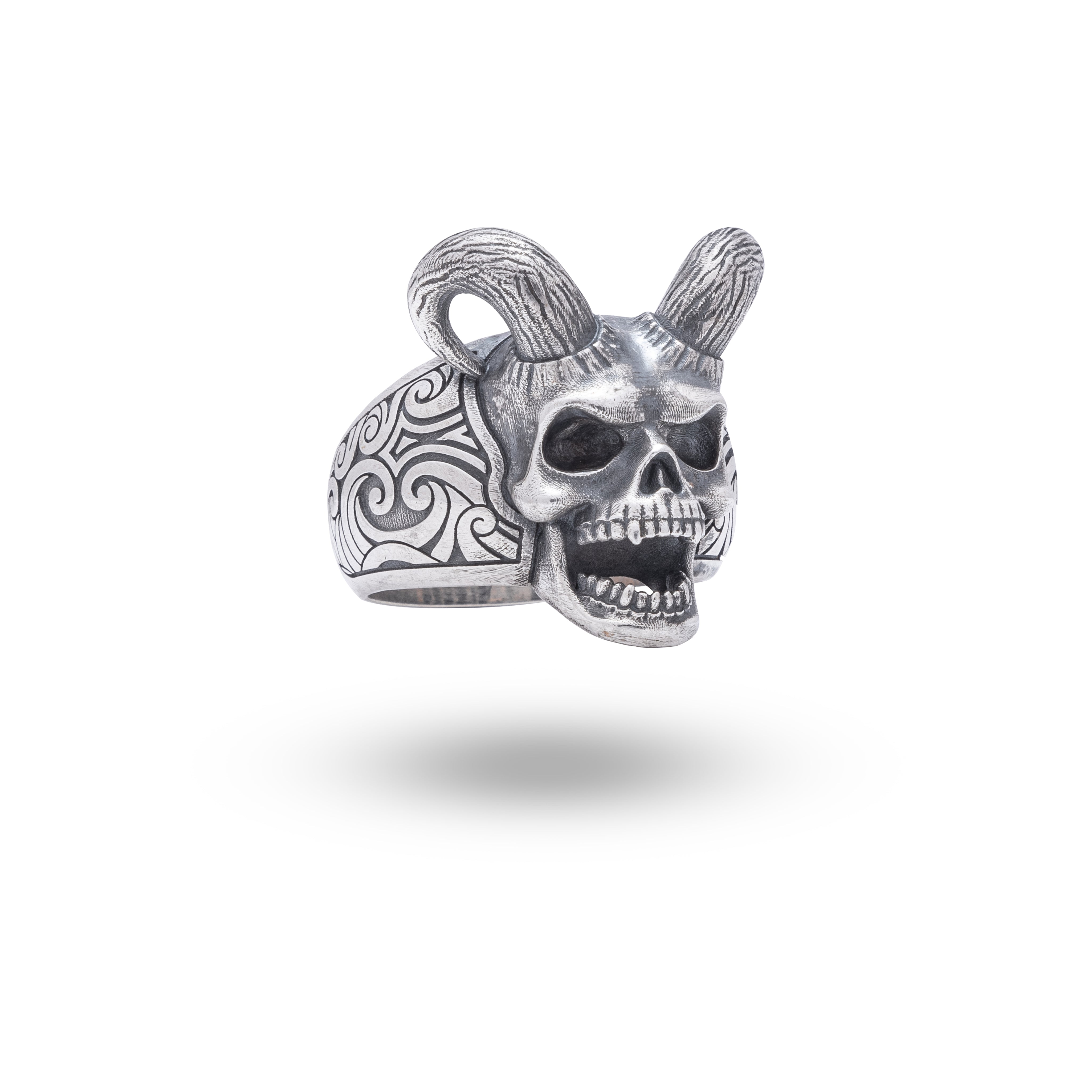 Sterling silver ring with horned devil open jaw skull design by White Lion Jewels.
