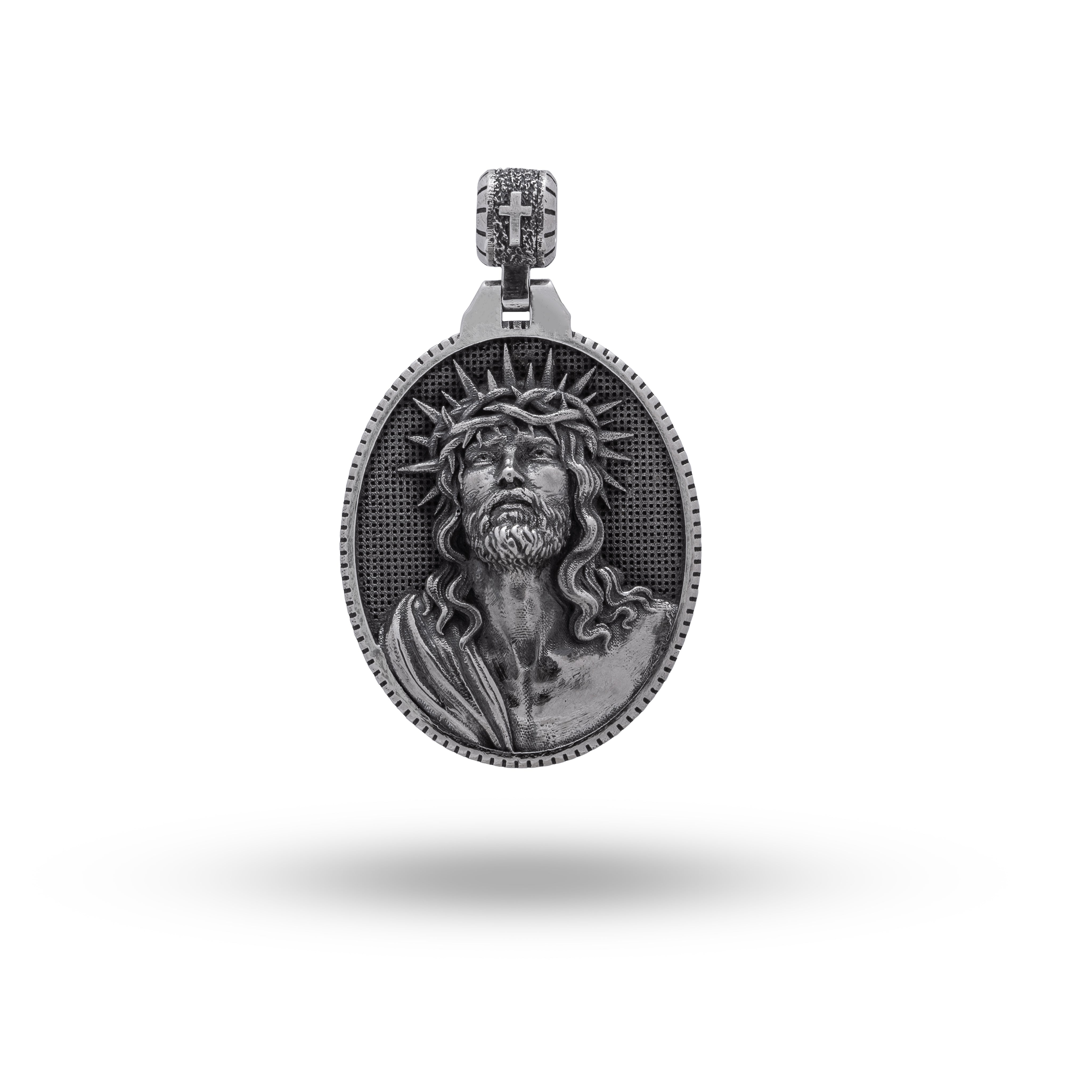 Oxidized 925 Sterling Silver Pendant with Jesus Crown Thorns, fine artistry by White Lion Jewels