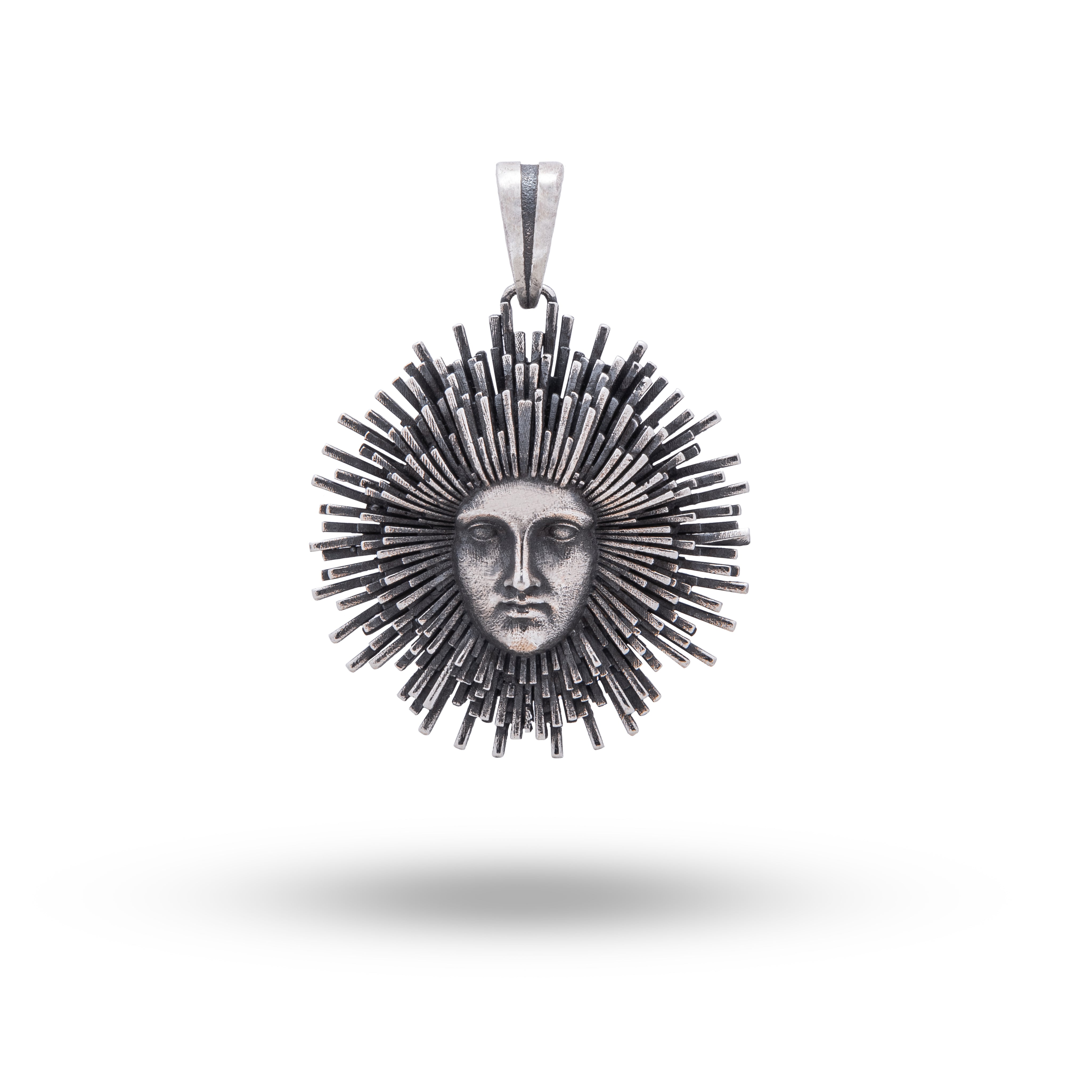 Apollo Sun God 925 Sterling Silver Pendant front view, featuring a handcrafted design in oxidized silver.