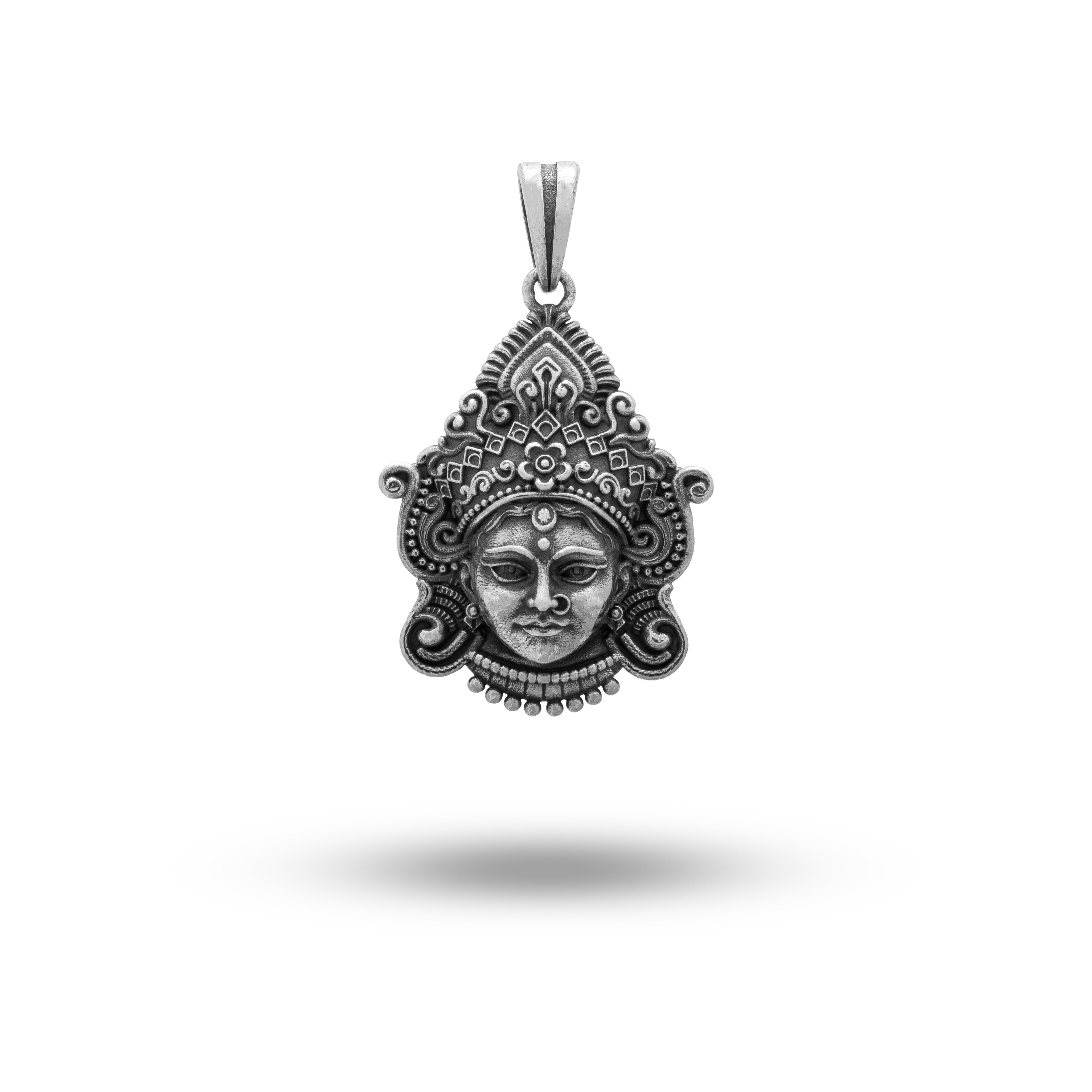 Front view of Goddess Durga Mahadevi 925 Silver Pendant, elegant and powerful design.