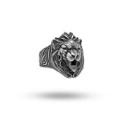 Front view of Roaring Lion King 925 Sterling Silver Ring, featuring intricate lion design.