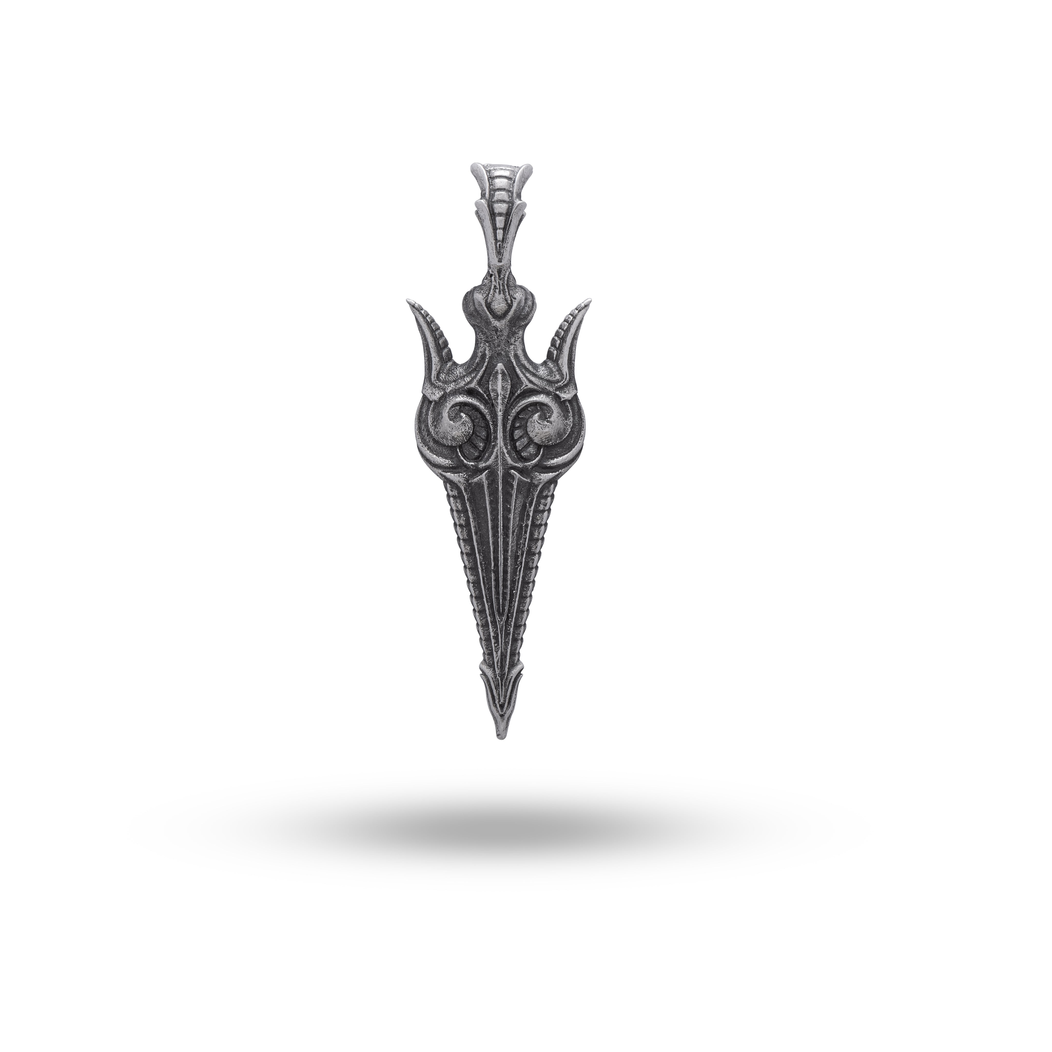 Front view of Spear of the God Sword 925 Sterling Silver Pendant showcasing intricate design and oxidized finish