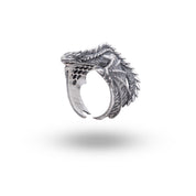 Side view of Flying Dragon Creature Animal 925 Sterling Silver Ring showcasing detailed dragon design