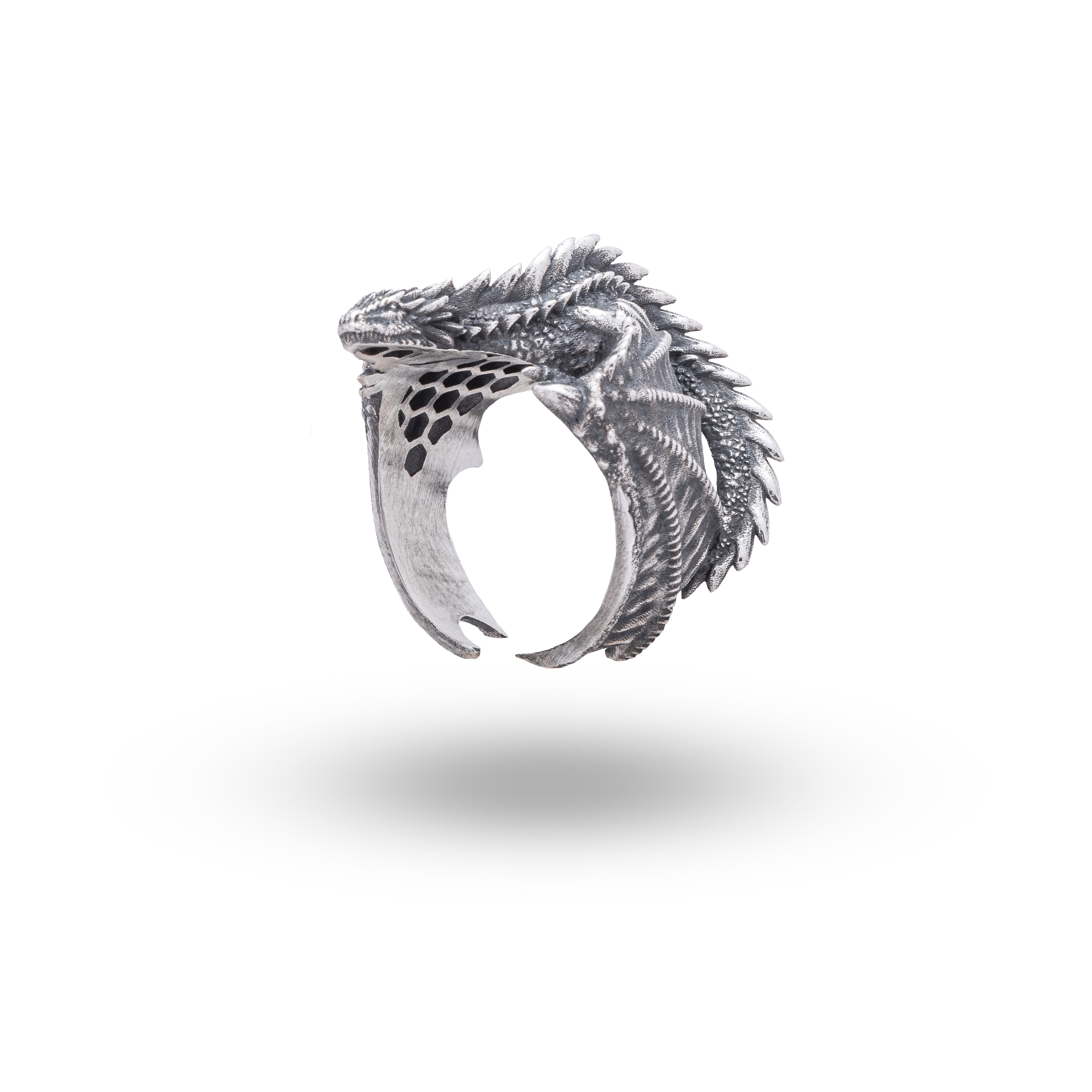 Side view of Flying Dragon Creature Animal 925 Sterling Silver Ring showcasing detailed dragon design