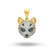 Cat Face Cubic Zirconia 925 Sterling Silver Gold Plated Pendant with Blue Eyes  on a display