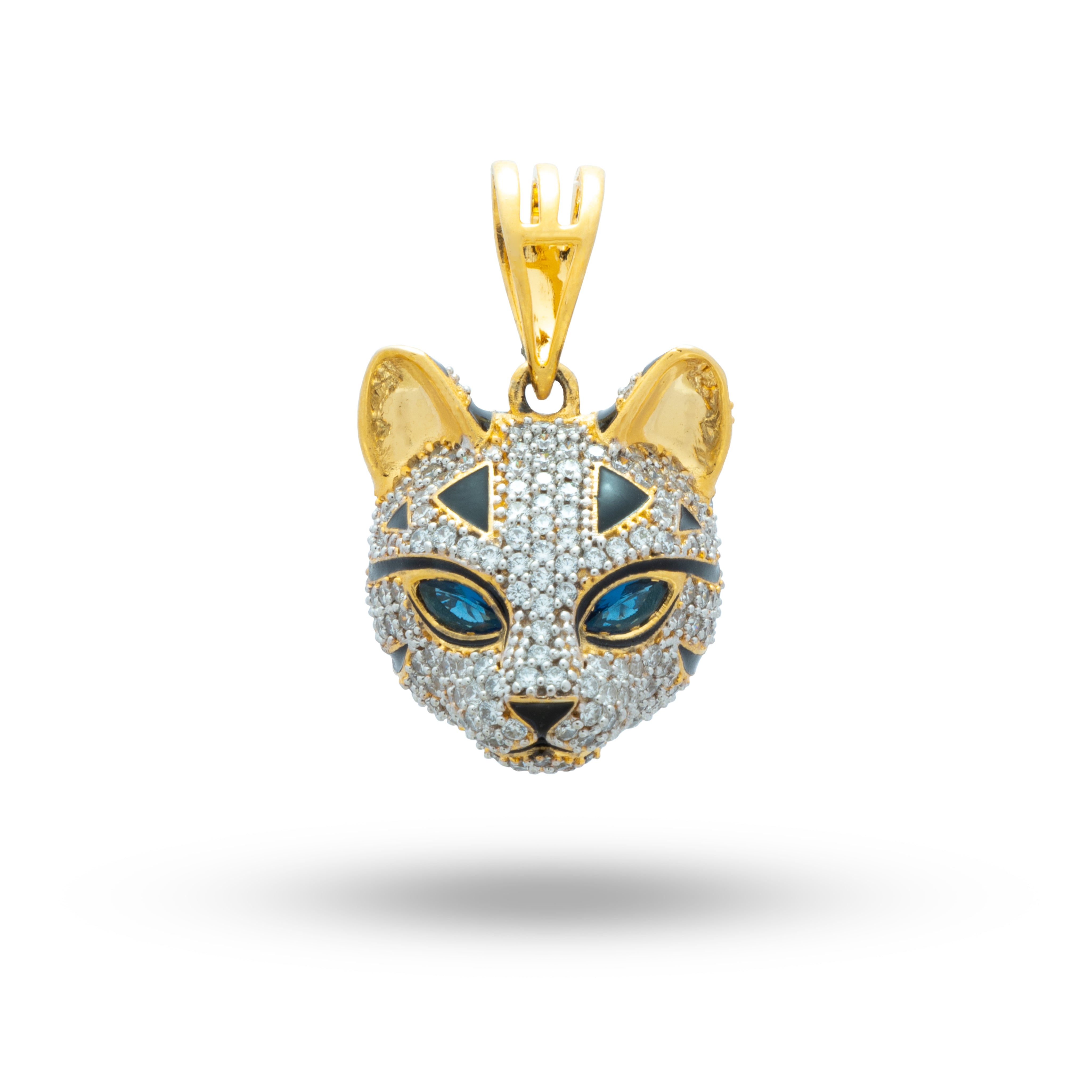 Cat Face Cubic Zirconia 925 Sterling Silver Gold Plated Pendant with Blue Eyes  on a display