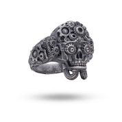 Machine Wheels Gothic Skull Ring in Oxidized 925 Sterling Silver showcasing intricate design