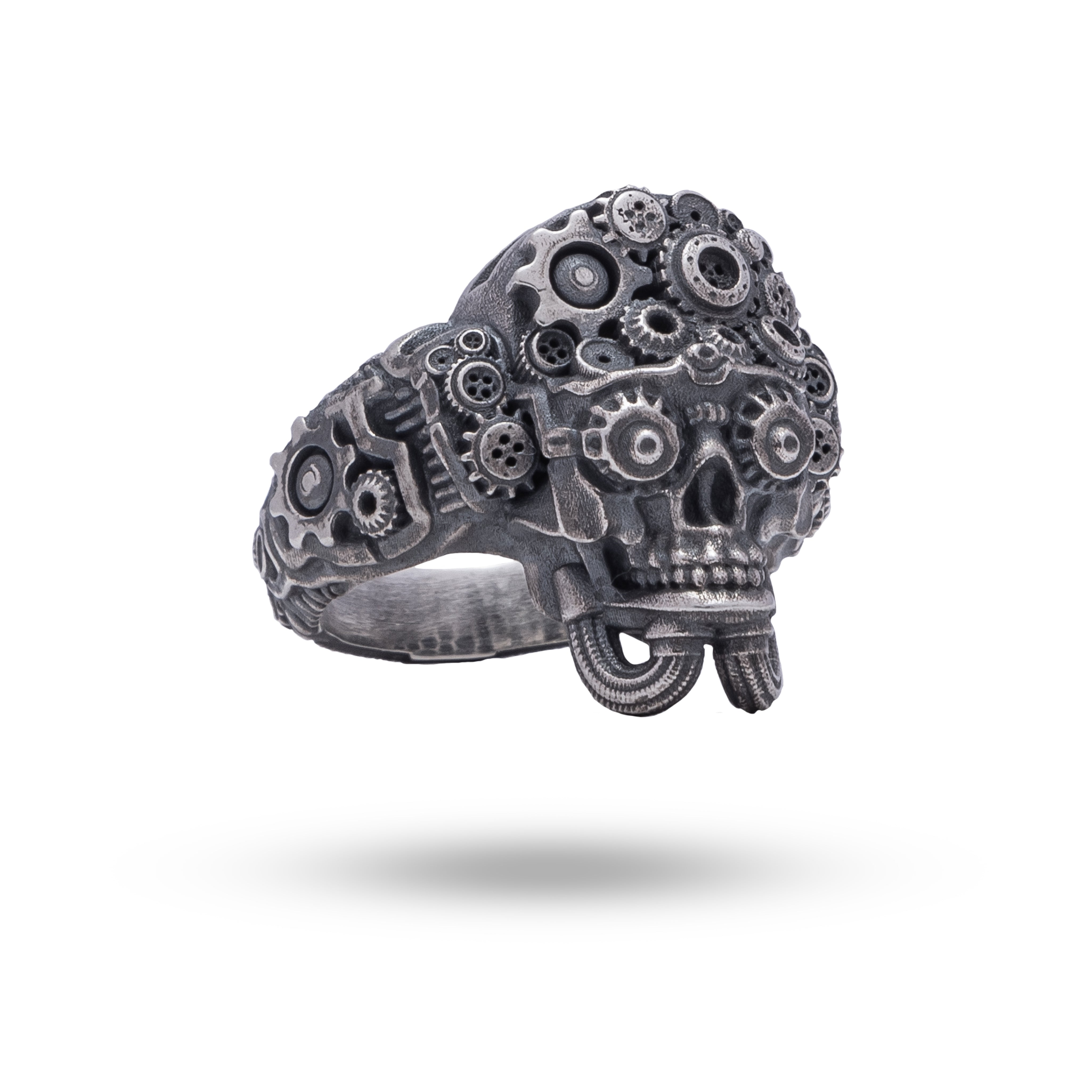 Machine Wheels Gothic Skull Ring in Oxidized 925 Sterling Silver showcasing intricate design