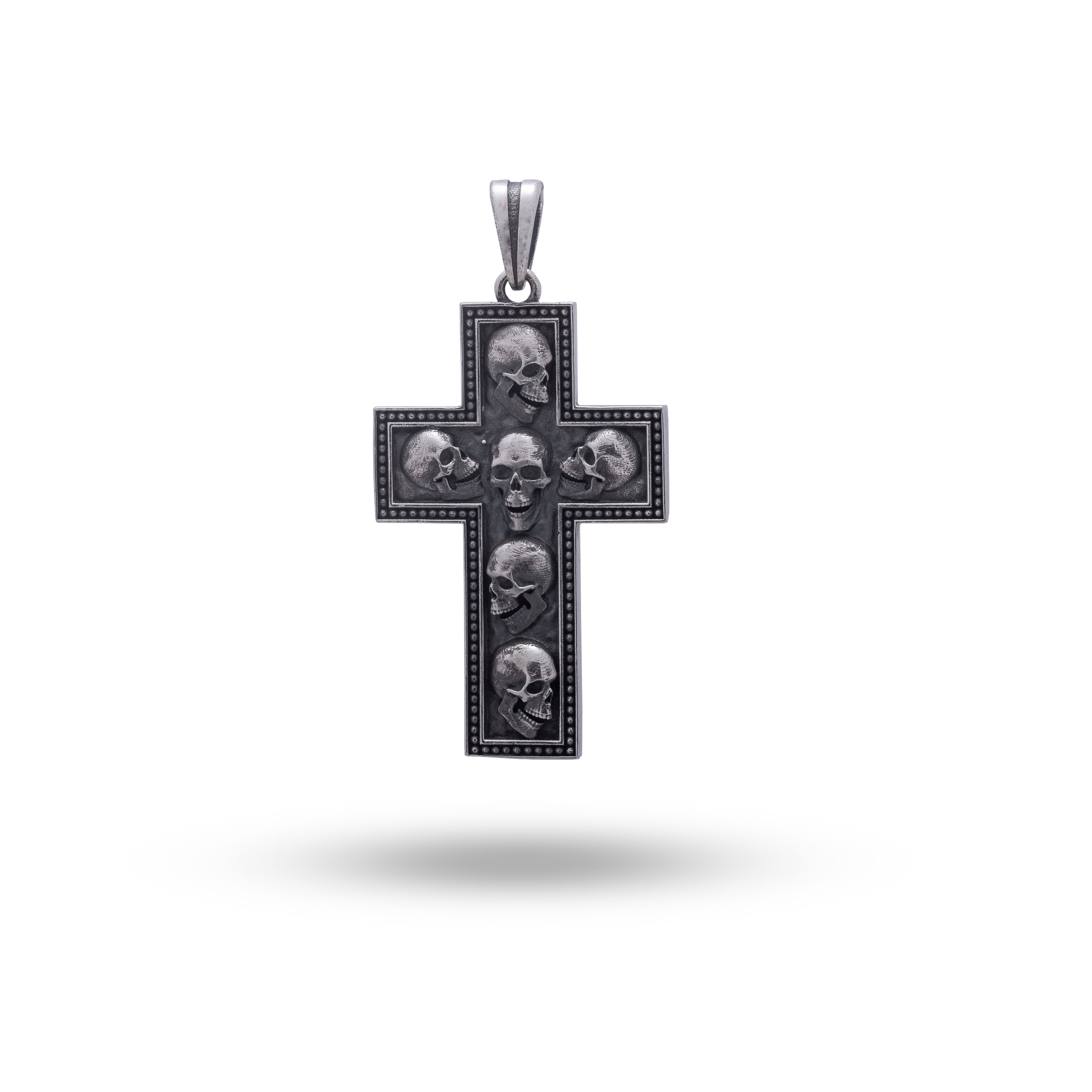 Front view of Open Jaw Skull Cross 925 Sterling Silver Pendant, showcasing detailed skull design in oxidized finish