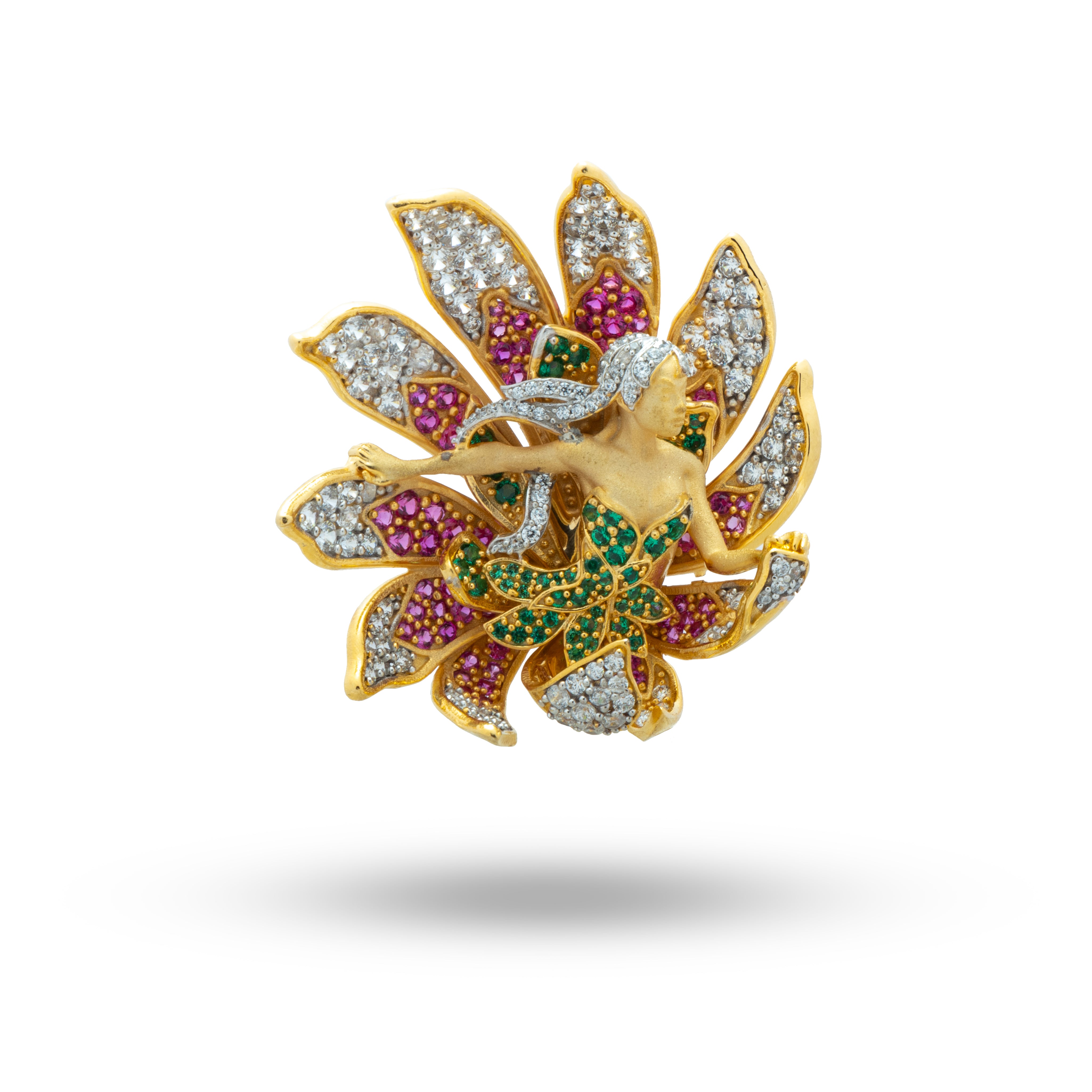 A Free Soul Flower brooch in gold, made with 925 sterling silver and cubic zirconia, perfect for saree styling.