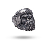 Front view of the Monkey Chimpanzee 925 Sterling Silver Ring, showcasing its detailed design in oxidized silver.