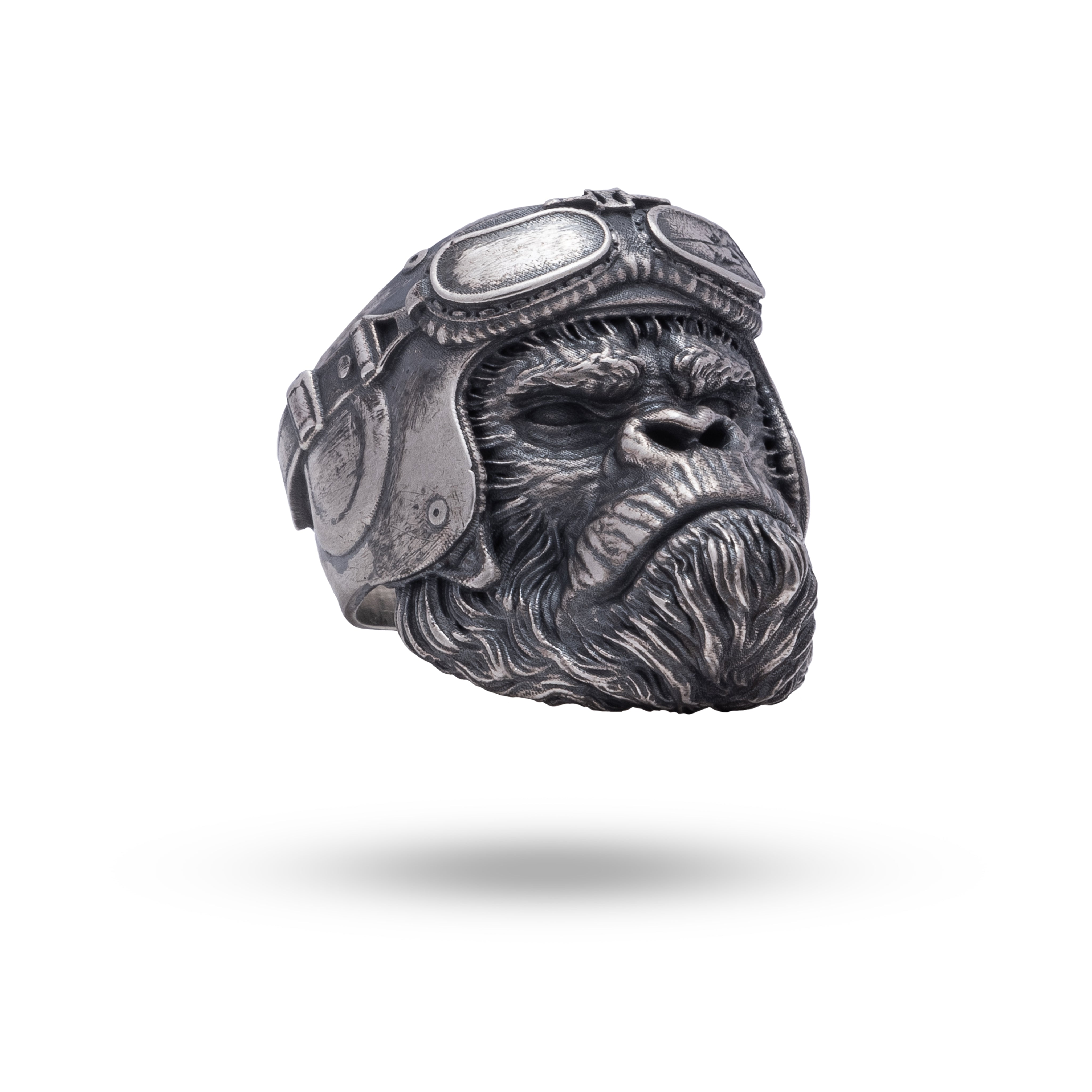 Front view of the Monkey Chimpanzee 925 Sterling Silver Ring, showcasing its detailed design in oxidized silver.
