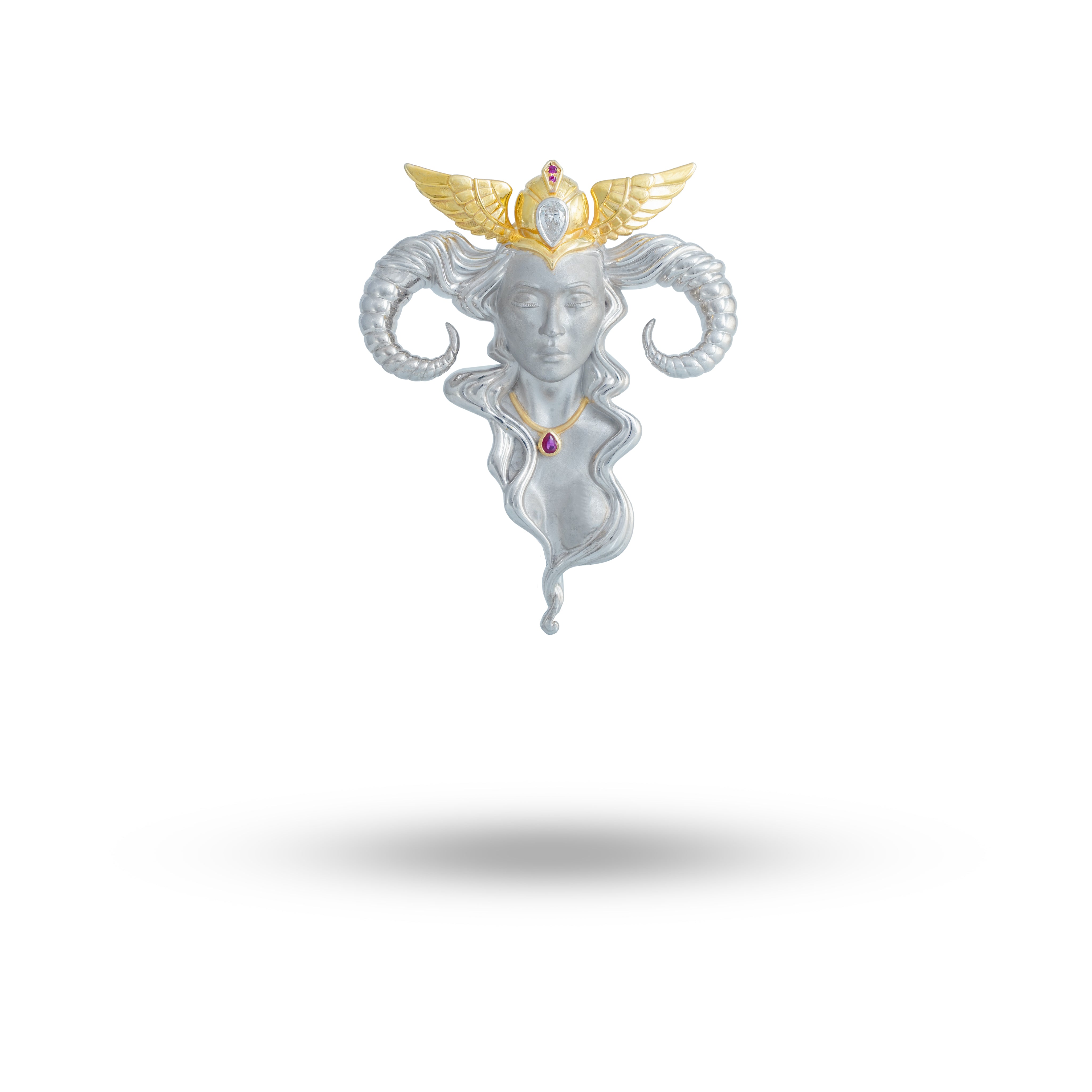 Front view of the Lady and Horns Brooch in Rhodium Plated 925 Silver, showcasing its elegant design.