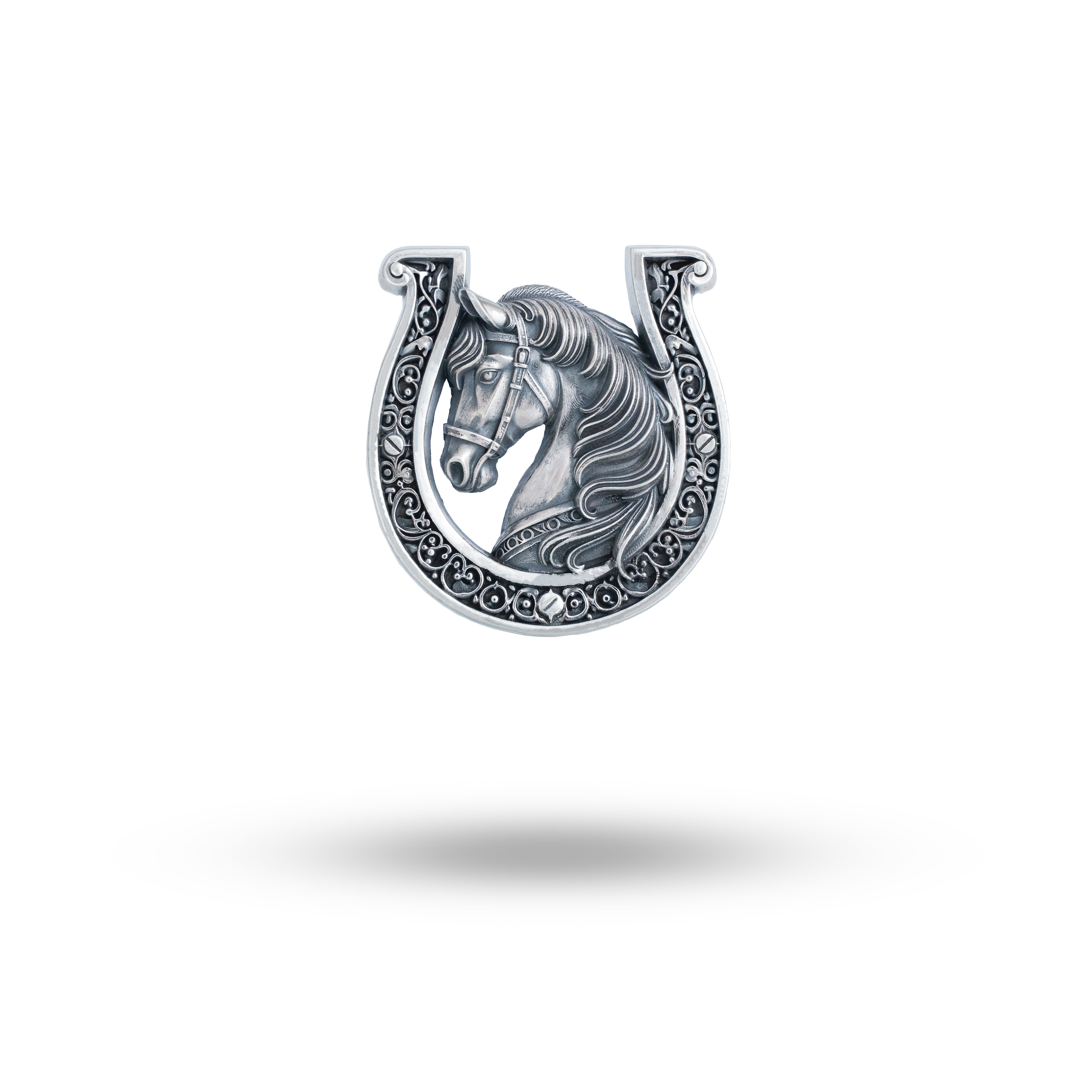 Elegant Horse and Shoe Nail 925 Sterling Silver Brooch in oxidized silver finish displayed front view.