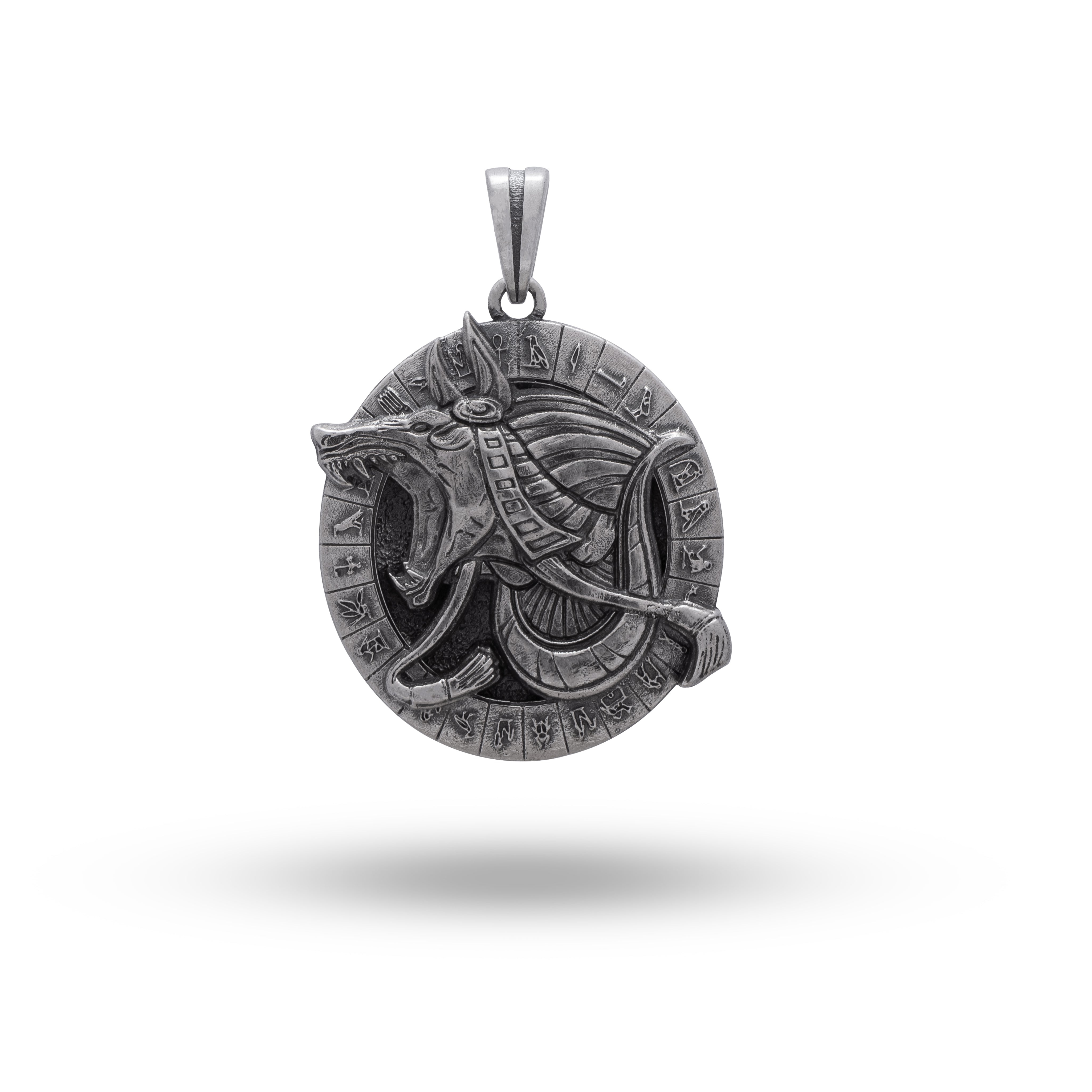 Front view of Anubis God of Death Egyptian Guardian 925 Sterling Silver Pendant on a display