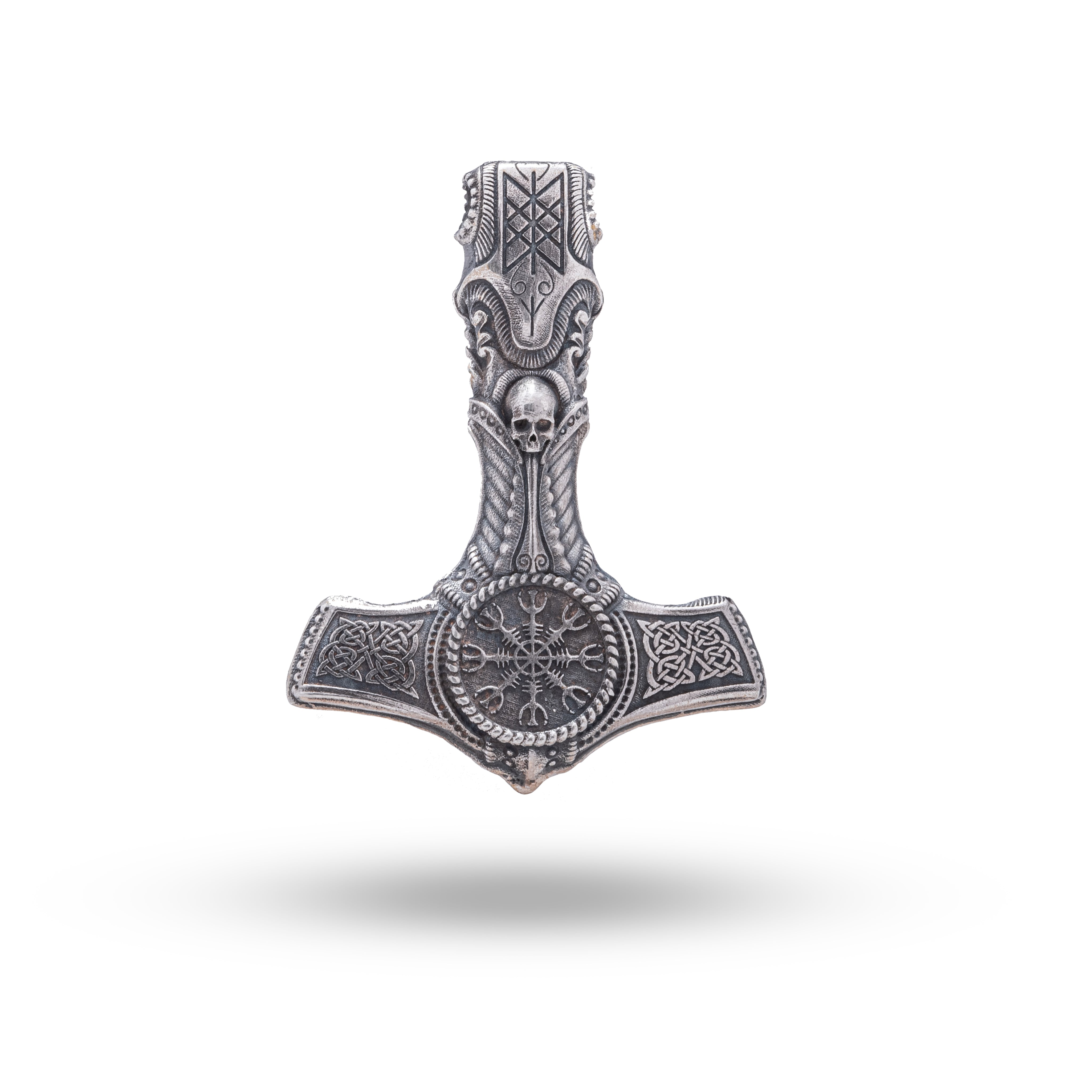 Front view of Thor Hammer Skull 925 Sterling Silver Pendant, showcasing intricate detail and oxidized finish.