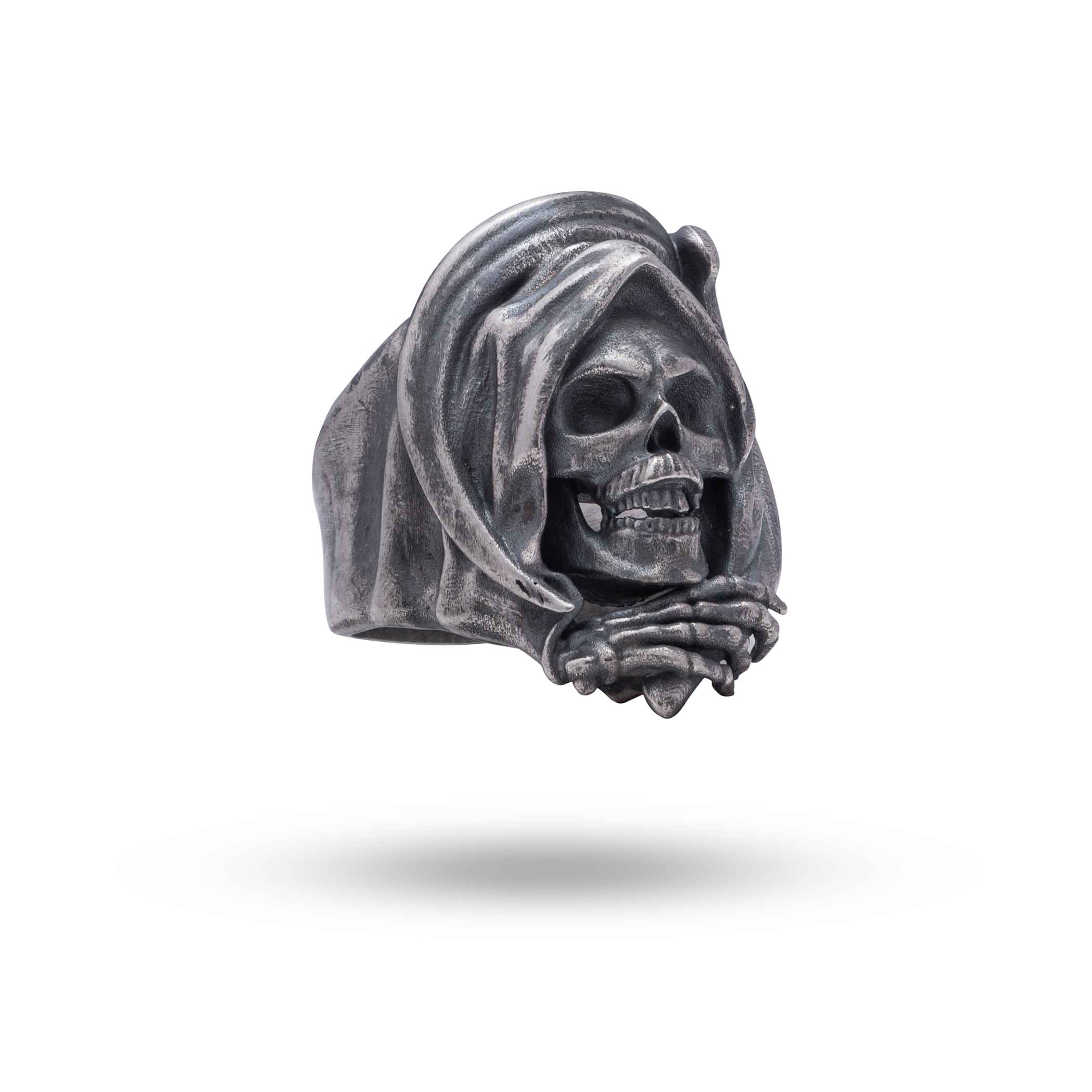 Front view of Grim Reaper Gothic Skull 925 Sterling Silver Ring showcasing skull design.