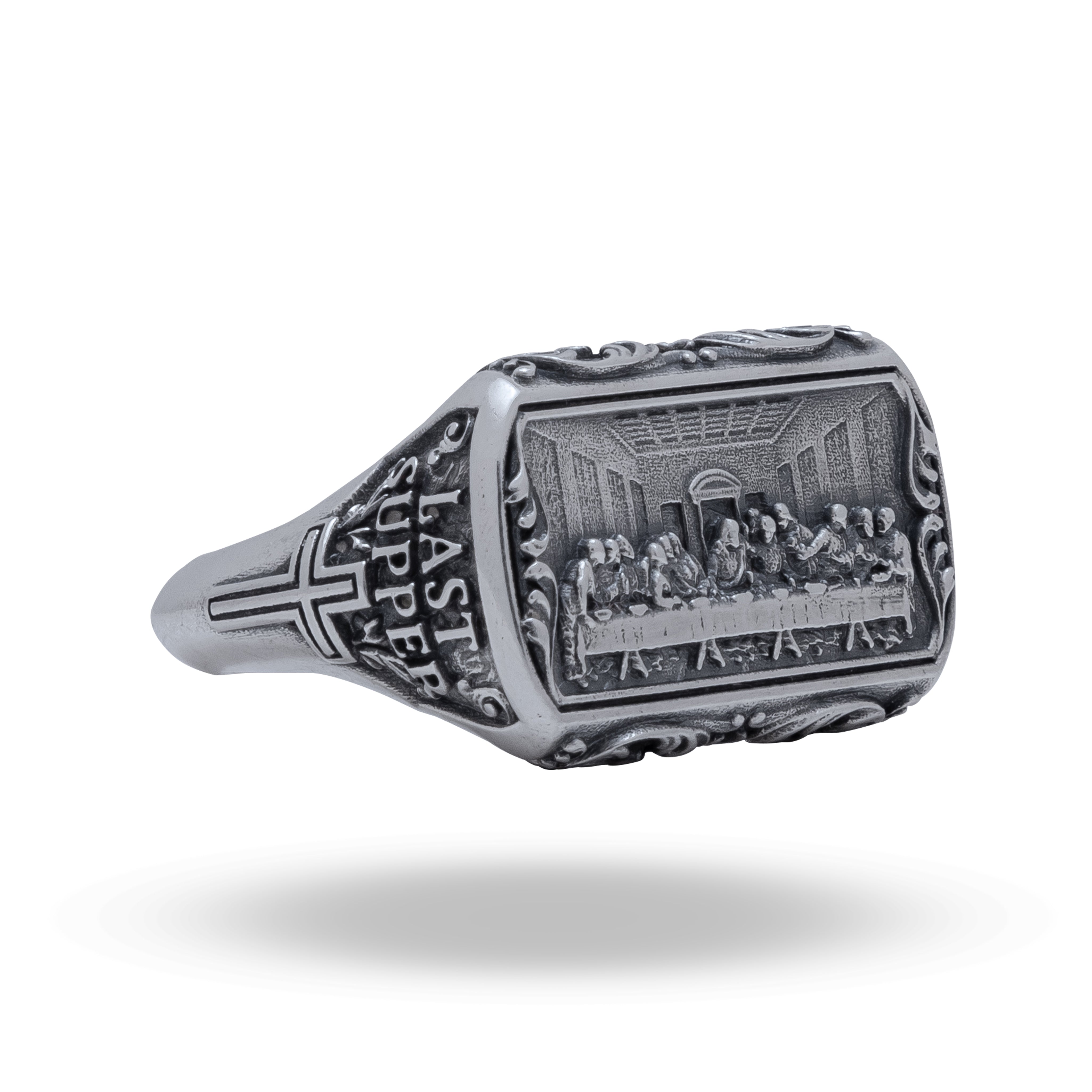 Front view of the Last Supper Jesus Christ 925 Sterling Silver Ring, featuring a detailed biblical motif in oxidized silver.