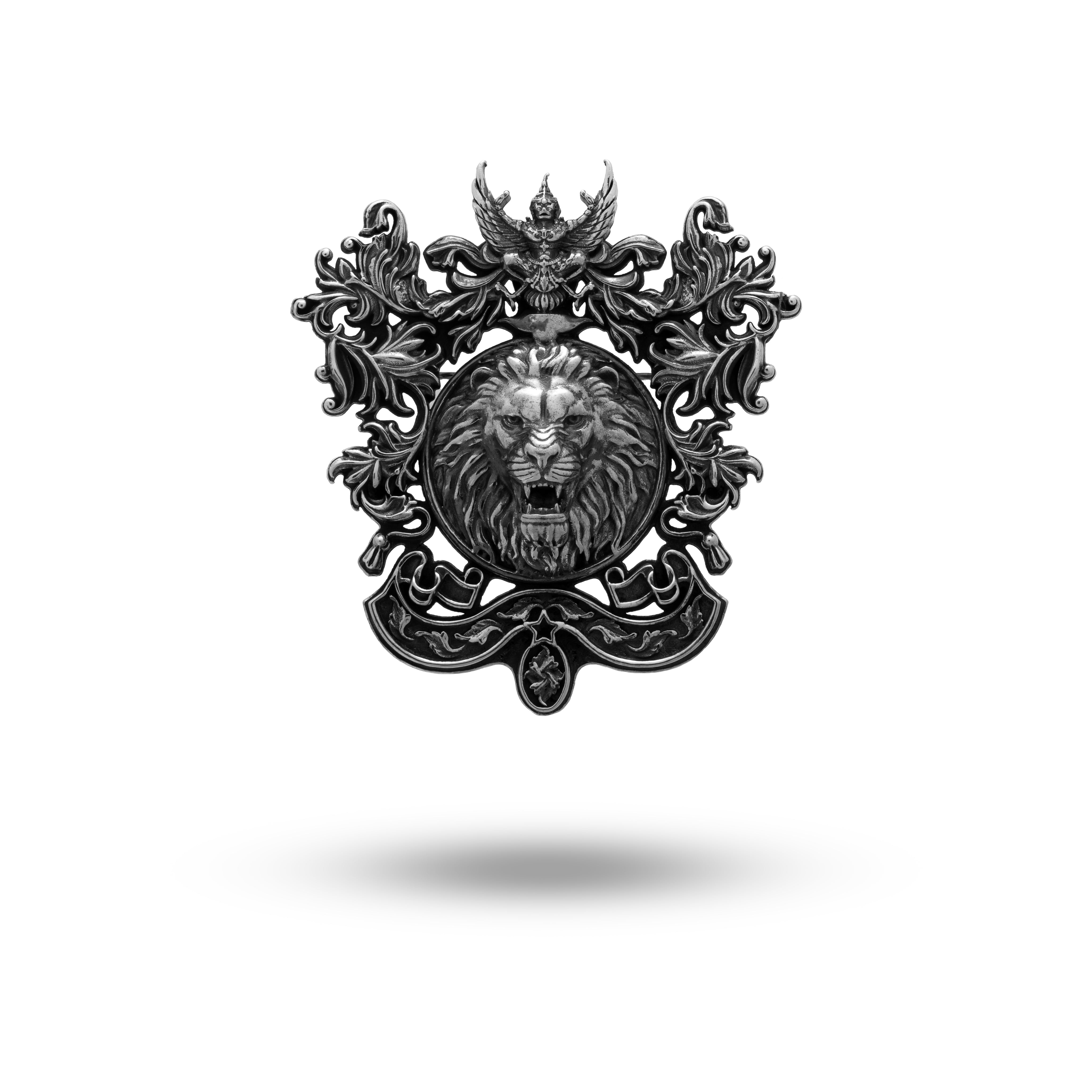 Lion Leo Garuda Sterling Silver brooch, showcasing elegance in oxidized silver, perfect for regal flair.